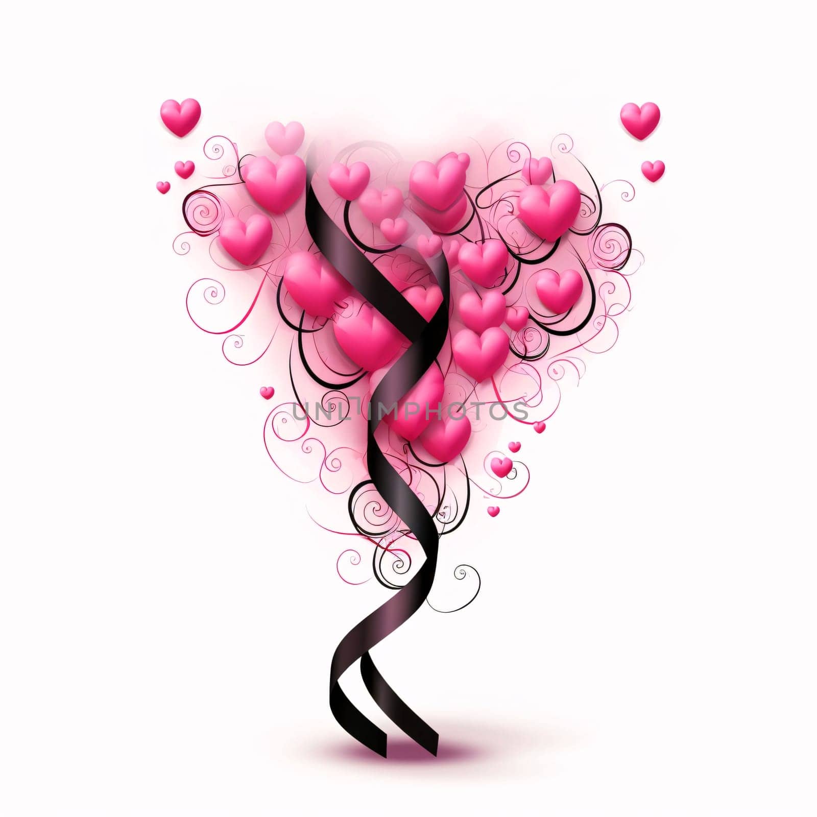 Pink hearts entwined with black ribbon, white background. Heart as a symbol of affection and love. The time of falling in love and love.