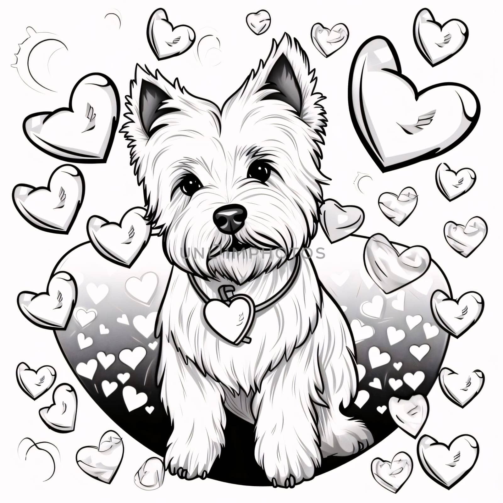 Black and White coloring card of a dog with hearts all around. Heart as a symbol of affection and love. The time of falling in love and love.