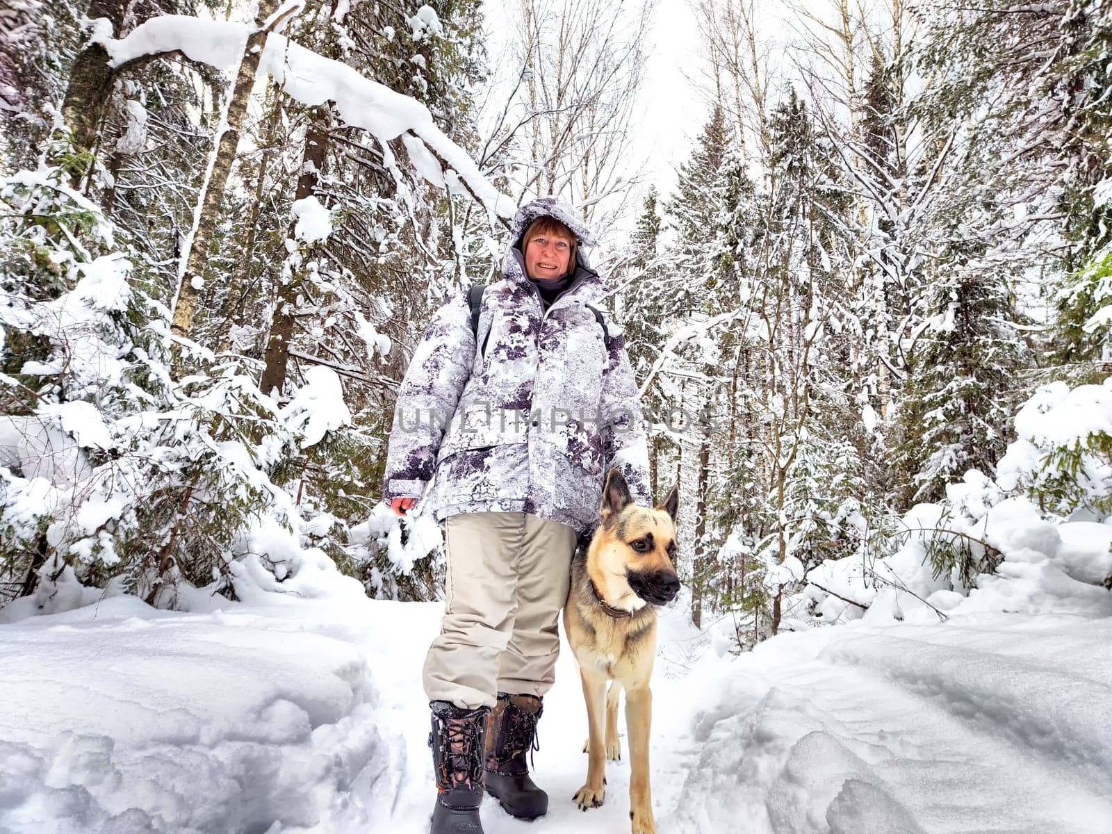 Adult girl or mature lady with shepherd dog in winter nature landscape in a forest. Middle aged woman training big shepherd dog in cold day. Friendship, love, communication, fun, hugs by keleny