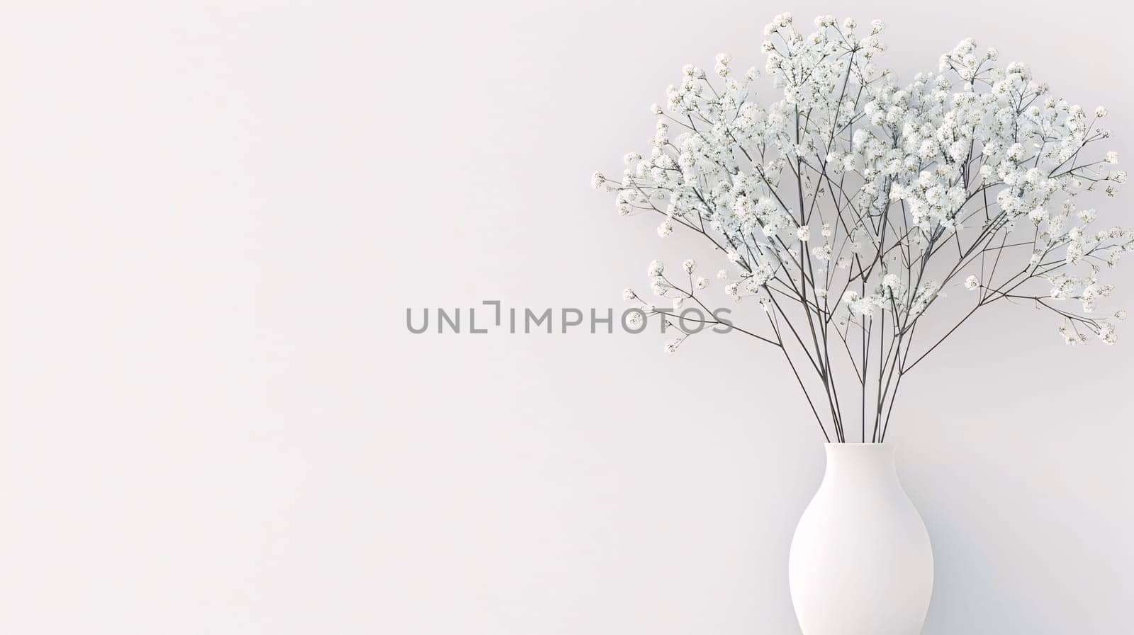 White vase with white flowers.Valentine's Day banner with space for your own content. White background color. Blank field for the inscription. Heart as a symbol of affection and love.