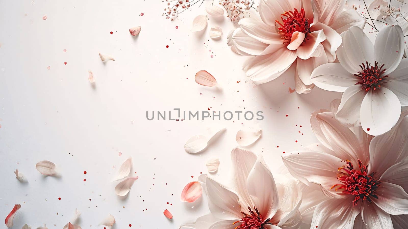 White flower petals.Valentine's Day banner with space for your own content. White background color. Blank field for the inscription. Heart as a symbol of affection and love.