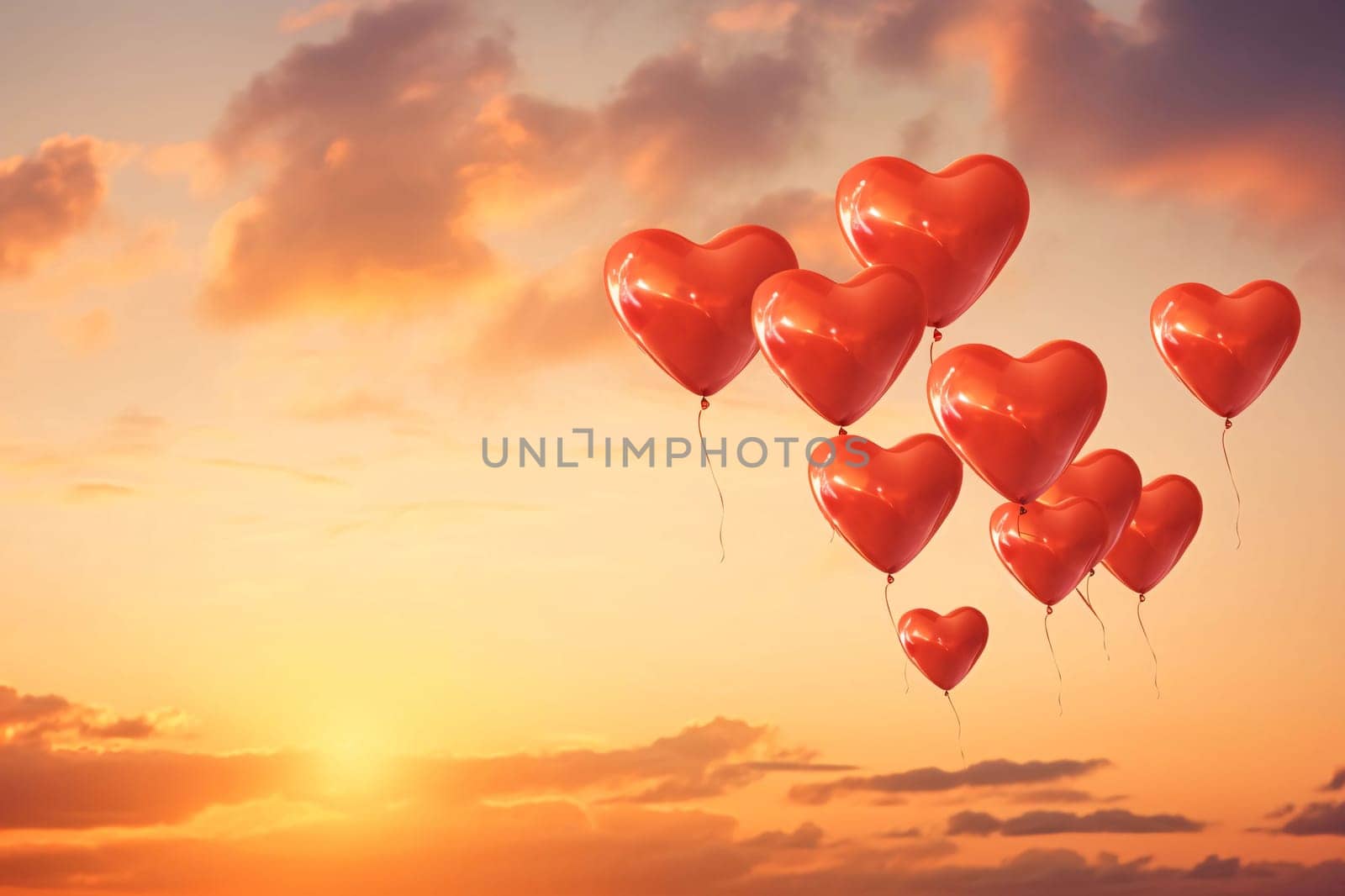 Red heart-shaped balloons in the sky at sunset.Valentine's Day banner with space for your own content. White background color. Blank field for the inscription. Heart as a symbol of affection and love.