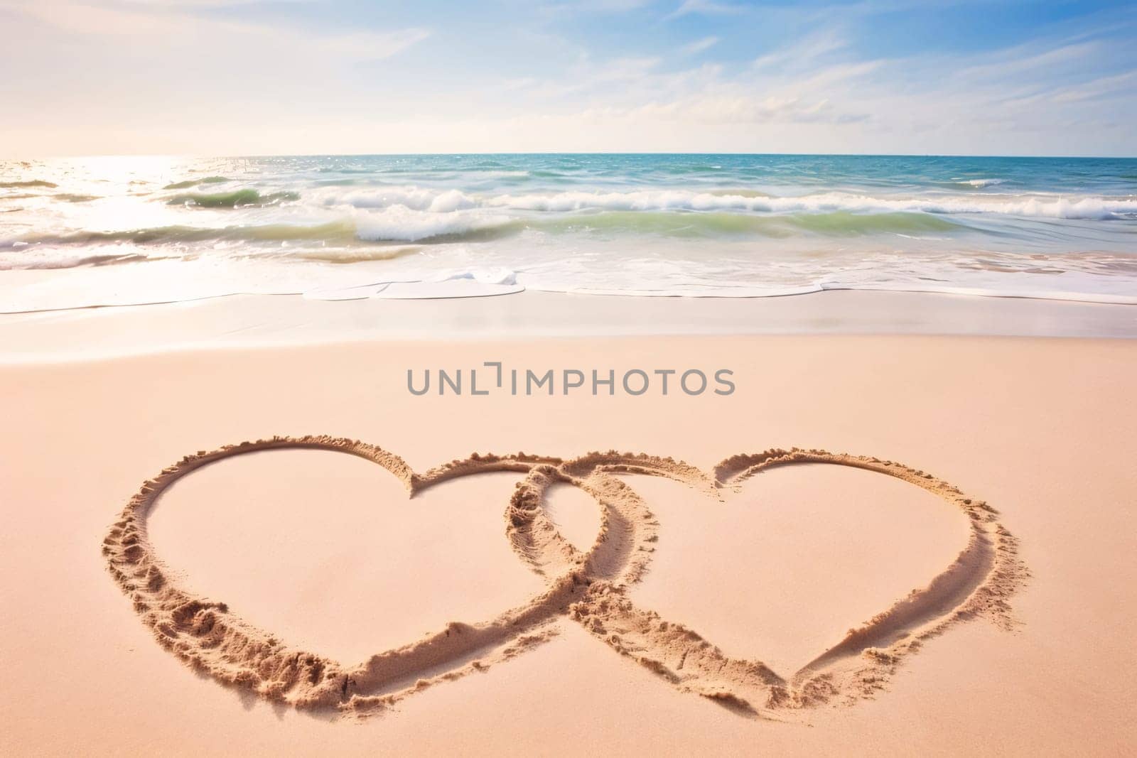 Two joined hearts drawn on the sand on the beach by the sea. Heart as a symbol of affection and love. by ThemesS