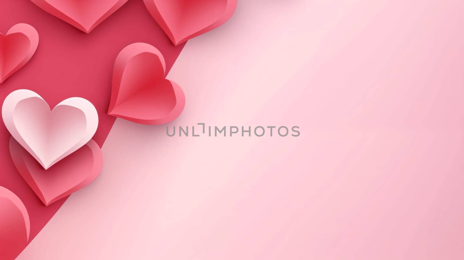 Pink 3D hearts and red stripes.Valentine's Day banner with space for your own content. White background color. Blank field for the inscription. Heart as a symbol of affection and love.