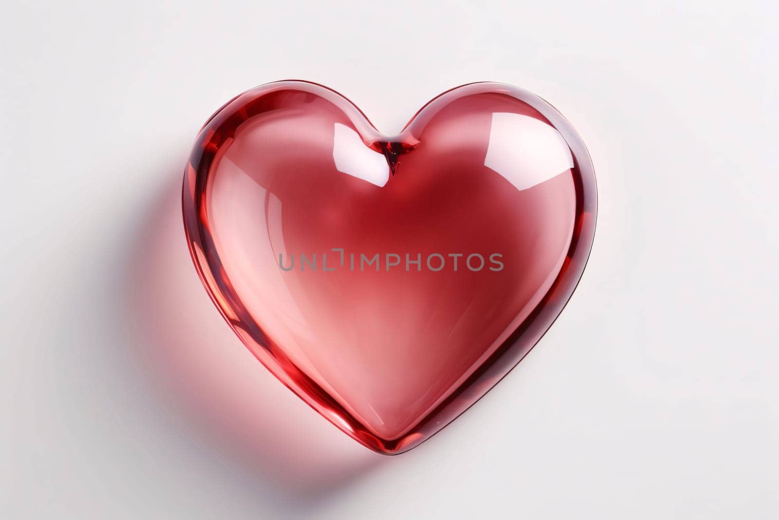 Transparent red glass heart on the white heart. Heart as a symbol of affection and love. The time of falling in love and love.