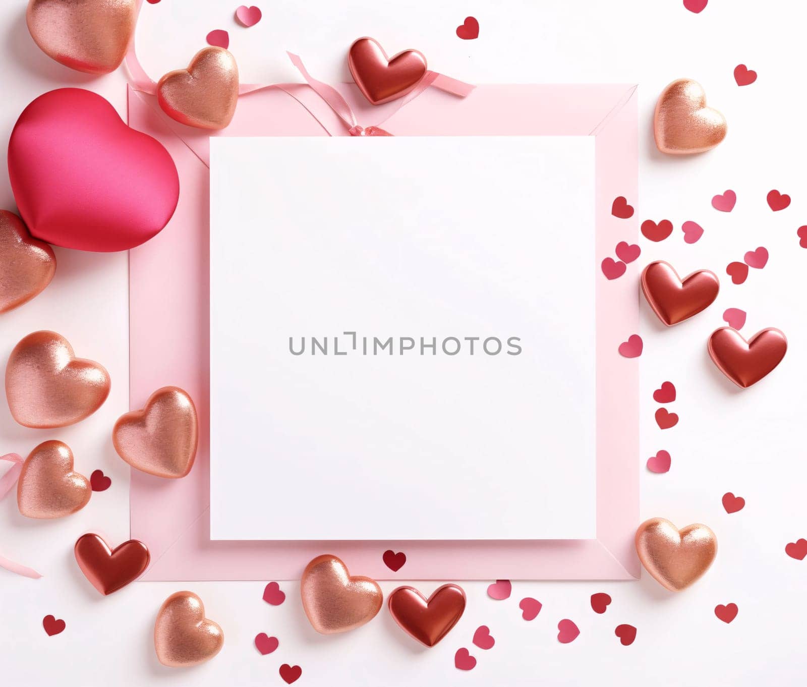 White blank card around decoration with confetti in the shape of hearts and pink and gold hearts. Heart as a symbol of affection and love. The time of falling in love and love.