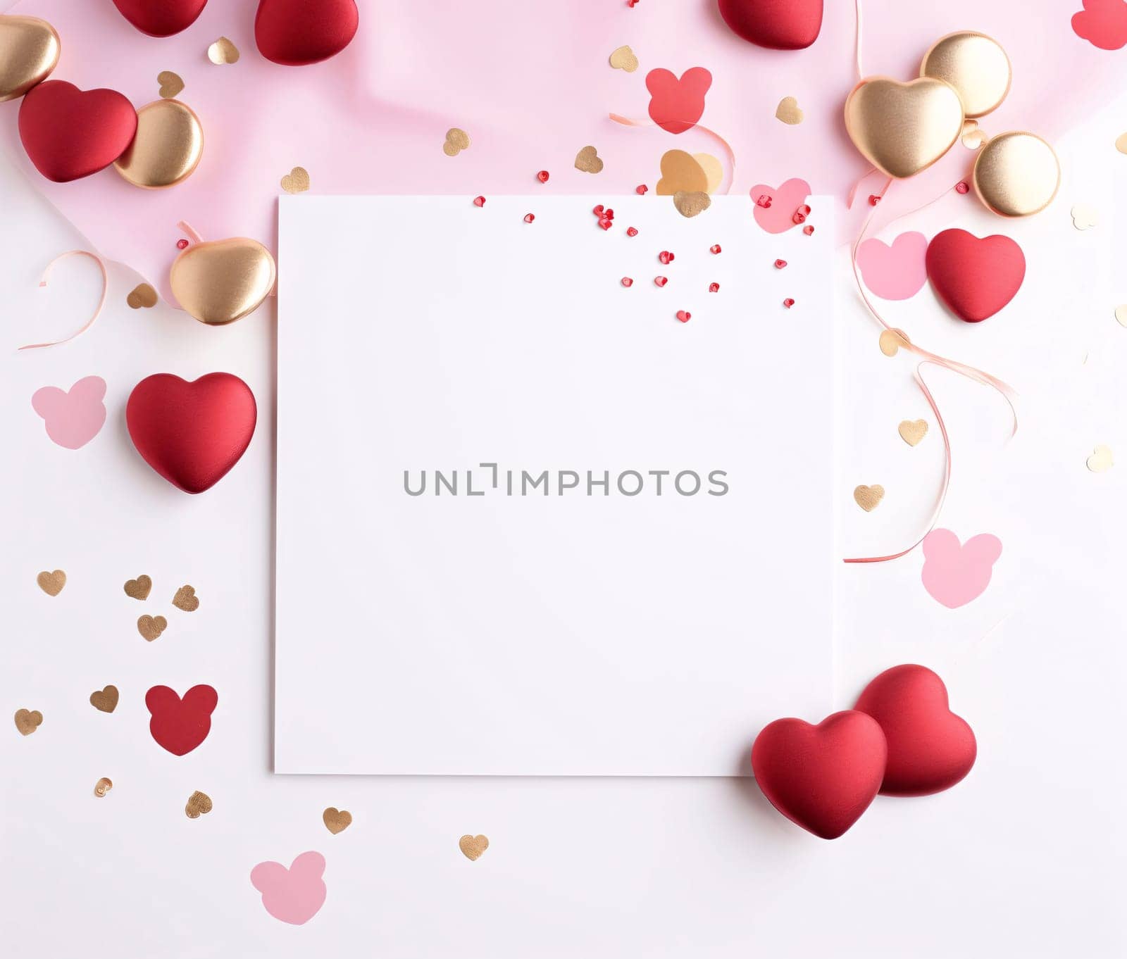 White blank card around decoration with confetti in the shape of hearts and pink and gold hearts. Heart as a symbol of affection and love. by ThemesS