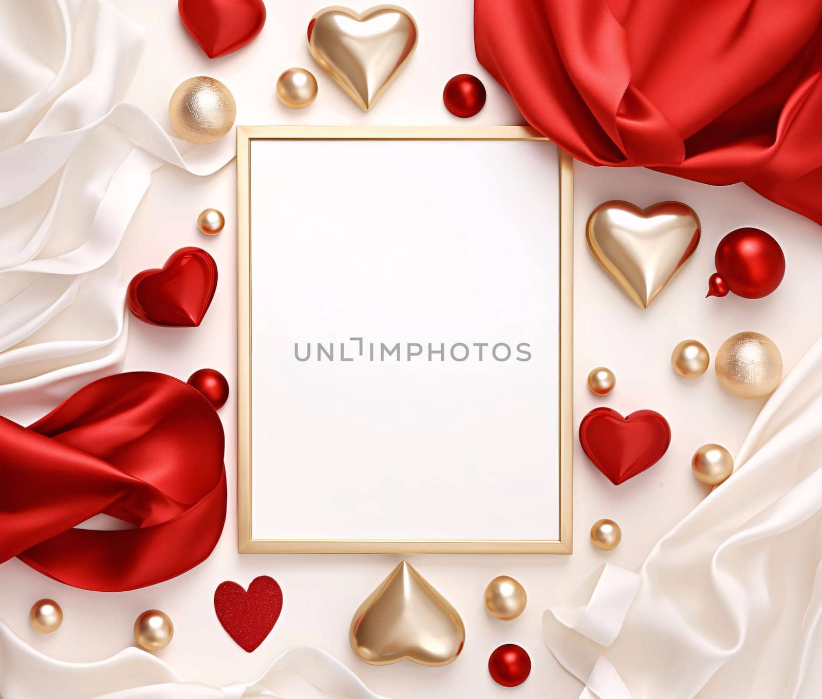 White blank card around the decoration with gold and red hearts and materials. Heart as a symbol of affection and love. by ThemesS