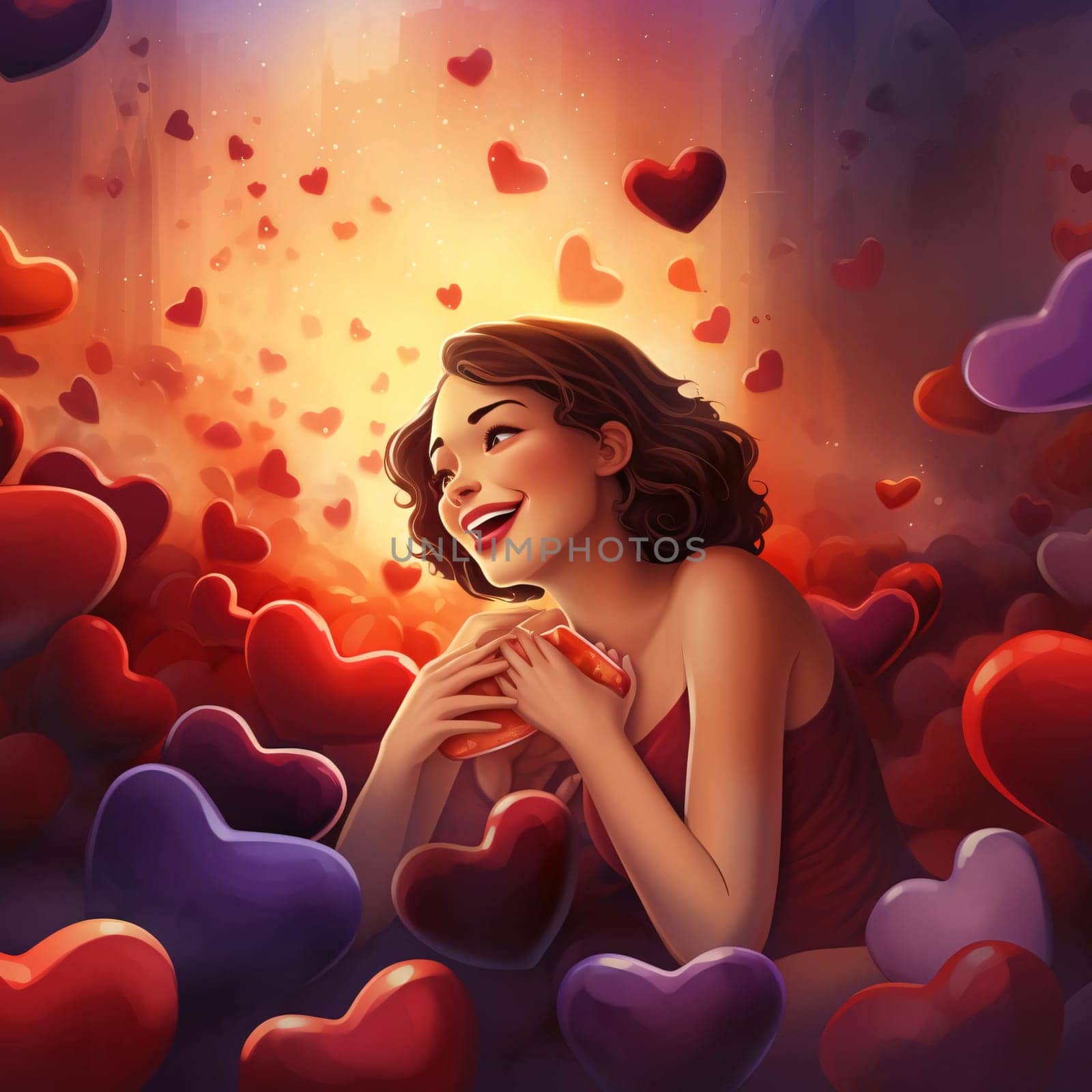 Illustration of a smiling woman in love around colorful hearts. Heart as a symbol of affection and love. The time of falling in love and love.