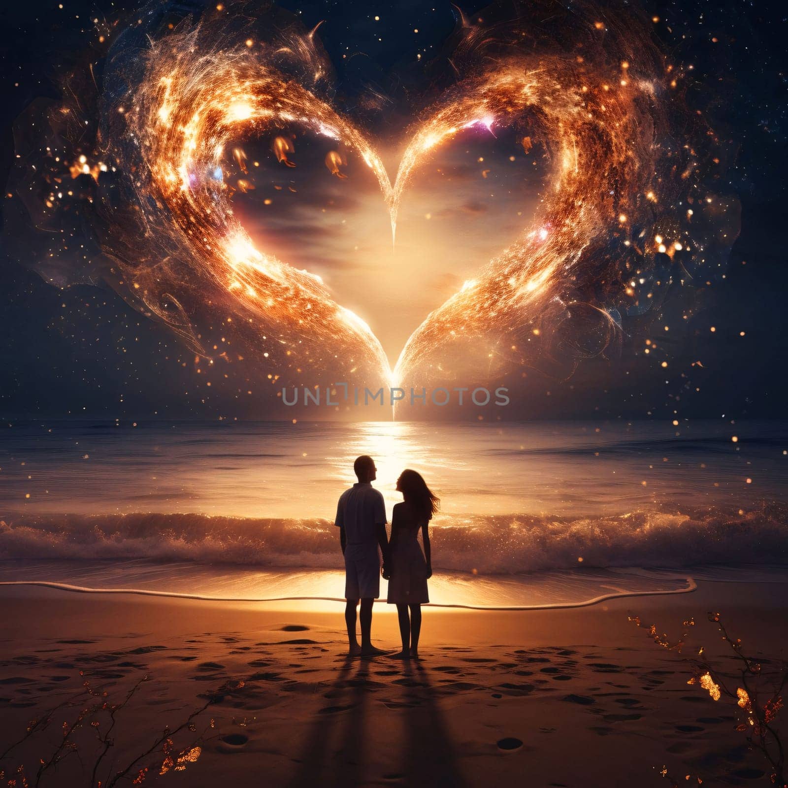 Illustration of a man and woman couple in love standing on the beach watching a large fiery heart in the sky. Heart as a symbol of affection and love. The time of falling in love and love.