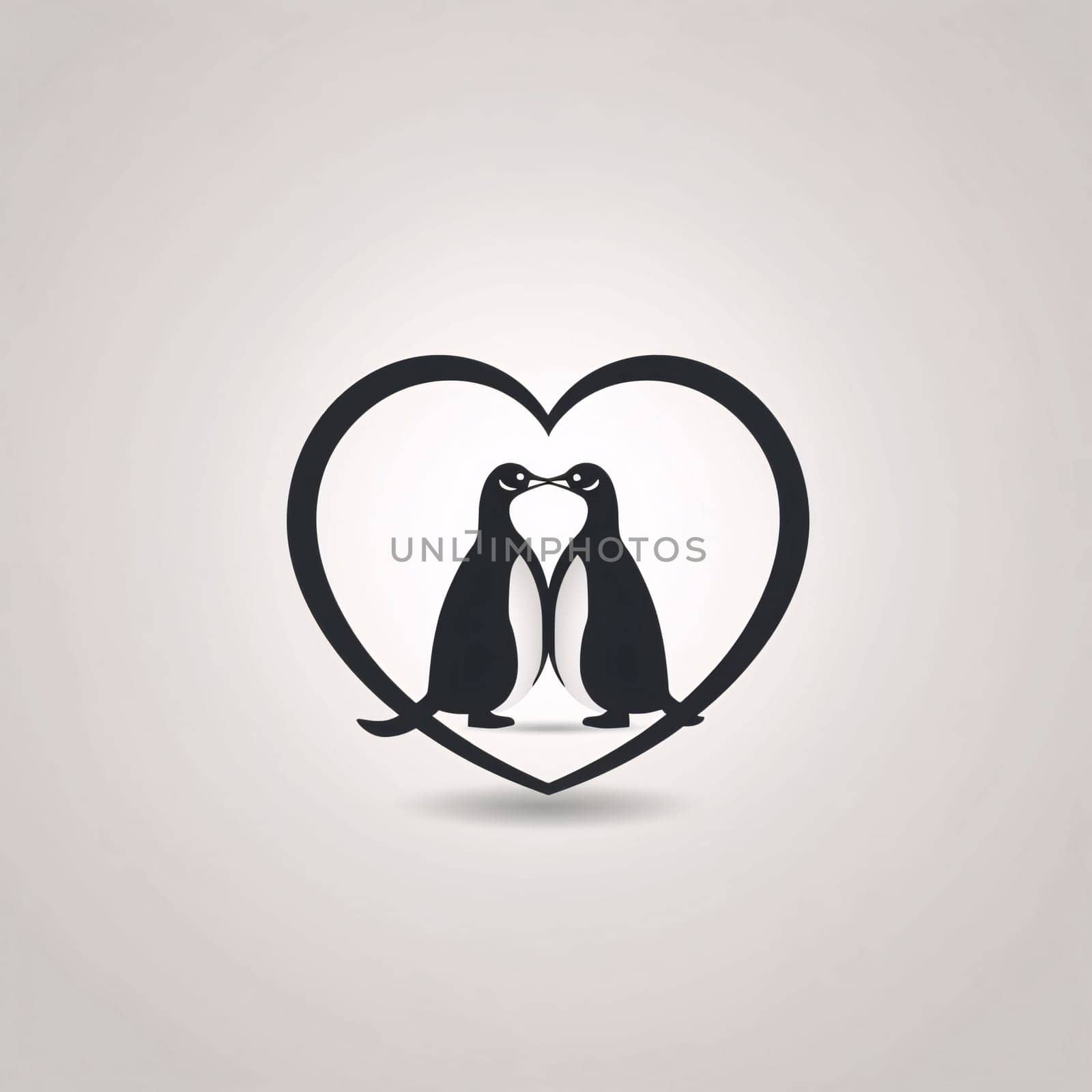 Logo concept black heart with two kissing penguins. Heart as a symbol of affection and love. The time of falling in love and love.