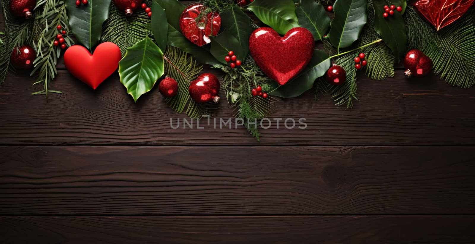 Aerial view of ornaments of green spruce leaves red hearts on wooden top.Valentine's Day banner with space for your own content. White background color. Blank field for the inscription. Heart as a symbol of affection and love.