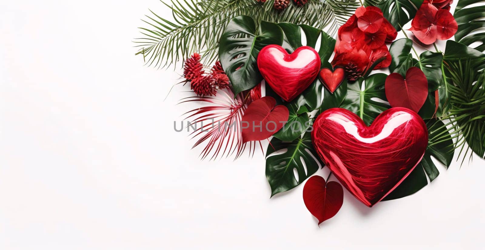 Green leaves spruce branches and red hearts.Valentine's Day banner with space for your own content. White background color. Blank field for the inscription. Heart as a symbol of affection and love.