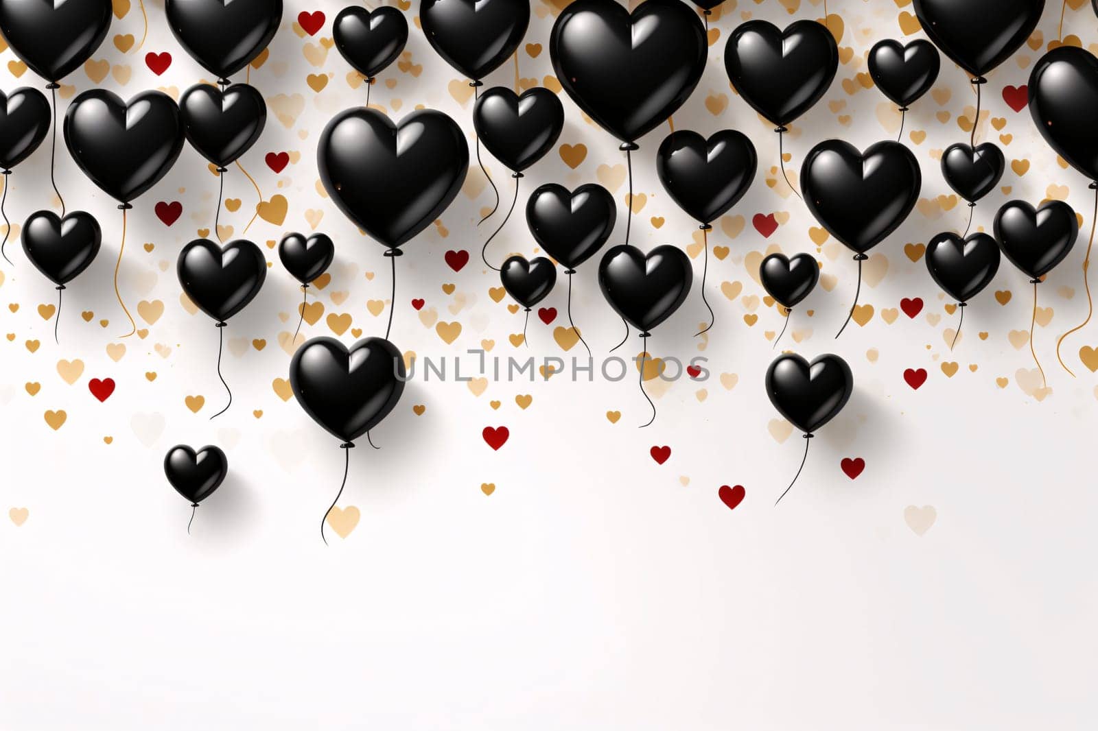 Black heart-shaped balloons in the background, gold small hearts.Valentine's Day banner with space for your own content. White background color. Blank field for the inscription. by ThemesS