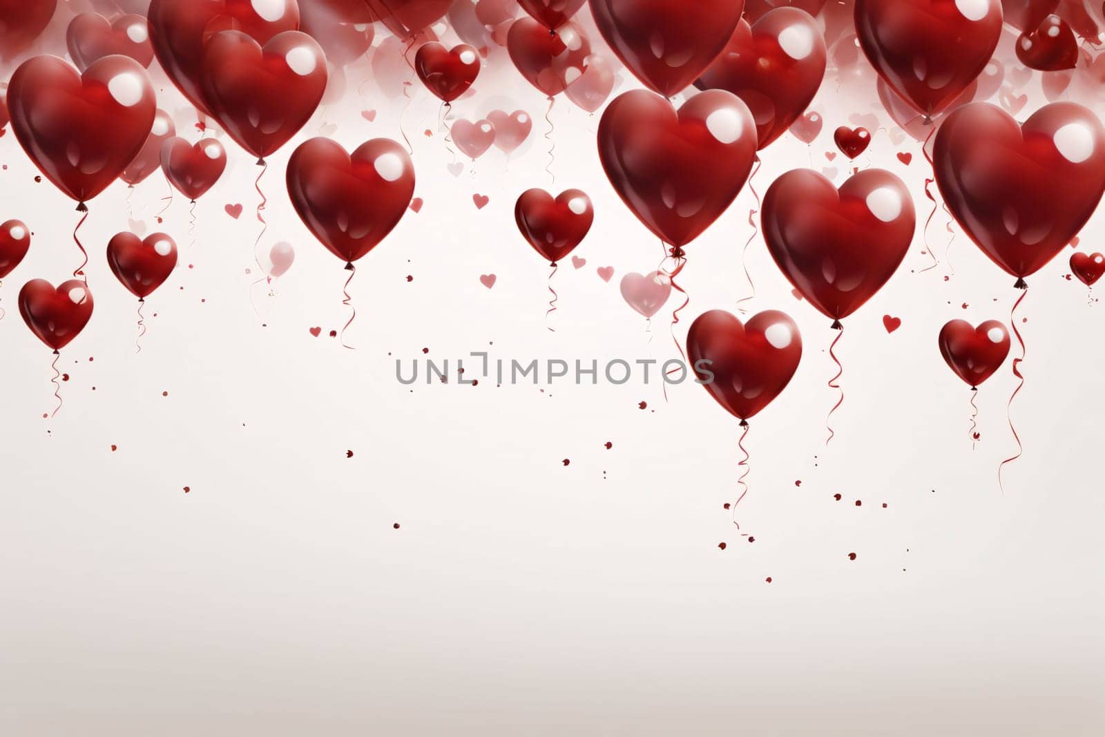 Red heart-shaped balloons in the background, small hearts.Valentine's Day banner with space for your own content. White background color. Blank field for the inscription. Heart as a symbol of affection and love.