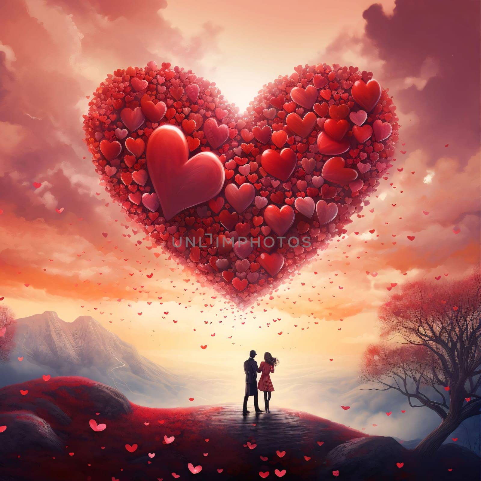 Man and woman couple in love on top of a mountain in the sky. Large heart of tiny red hearts, sunset. Heart as a symbol of affection and love. The time of falling in love and love.