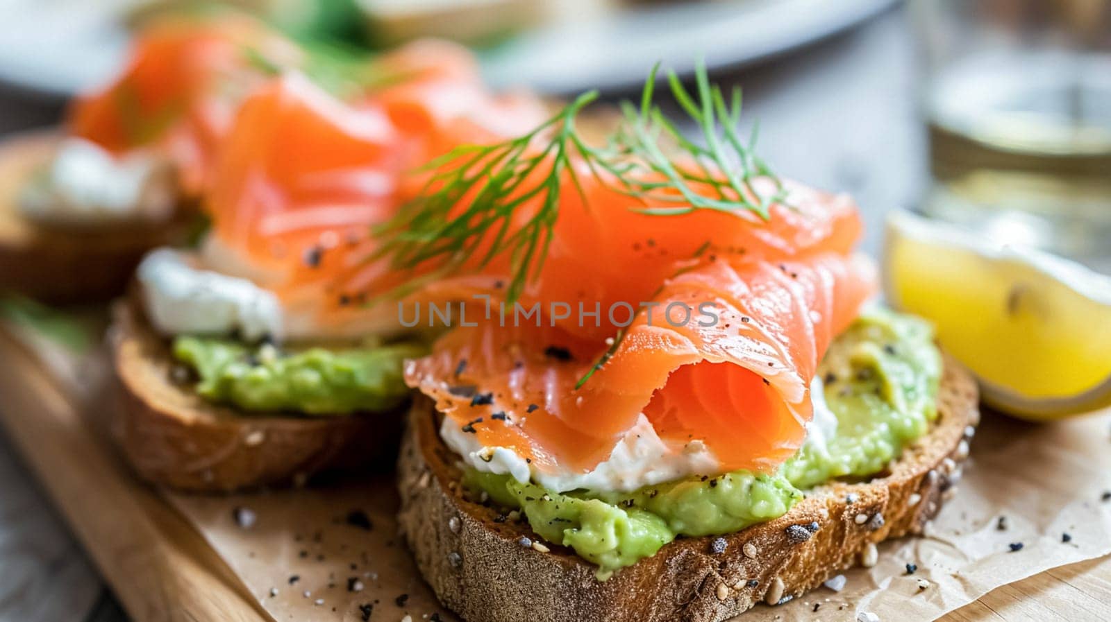 Avocado toast with smoked salmon for breakfast, homemade cuisine and traditional food, country life