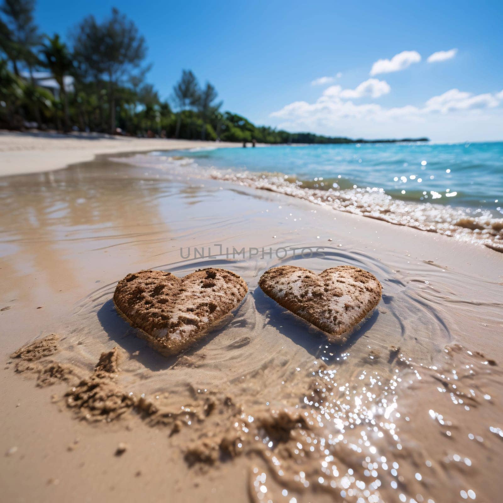 Two hearts on the beach in the water. Heart as a symbol of affection and love. The time of falling in love and love.