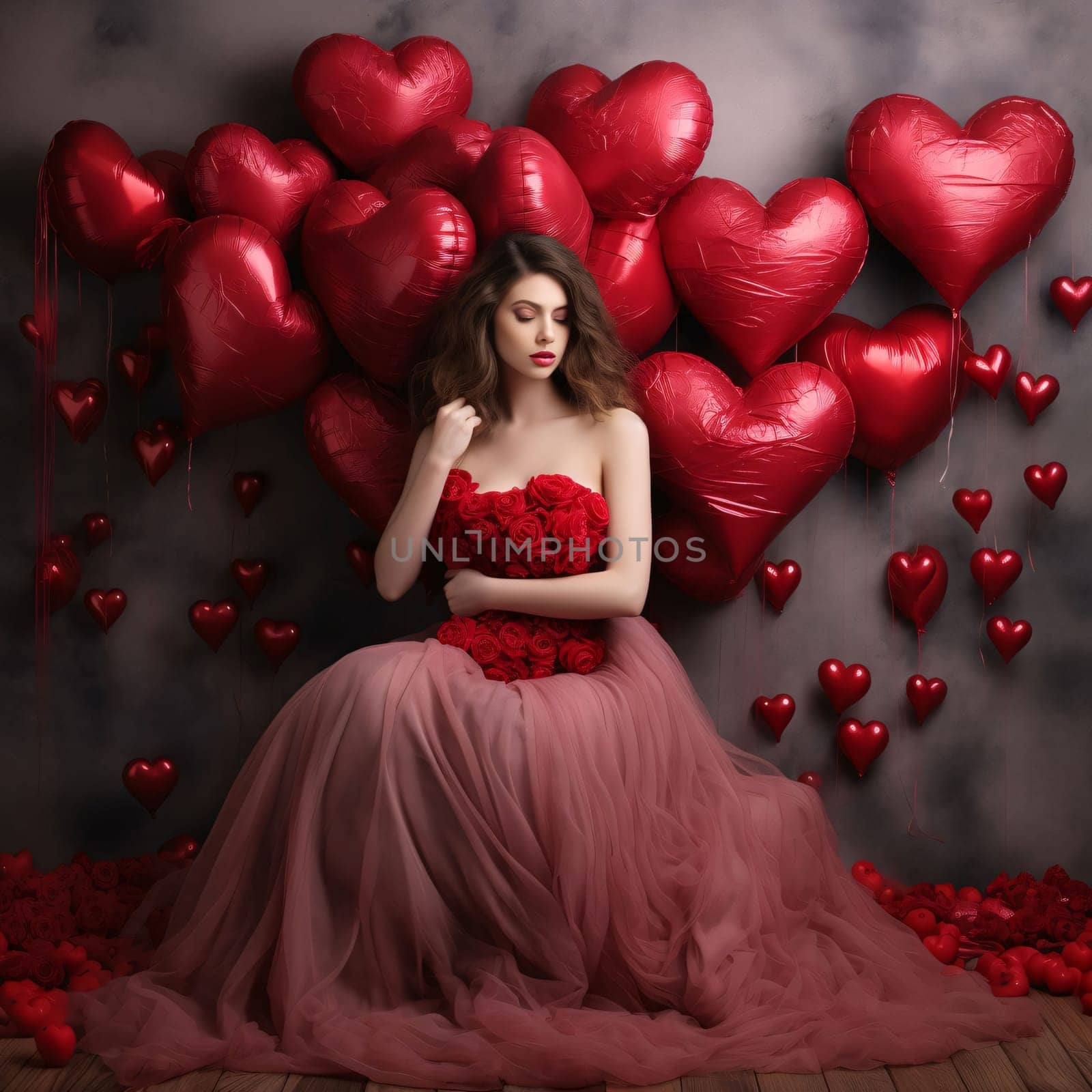 A young woman in a red dress around balloons in the shape of red hearts. Heart as a symbol of affection and love. The time of falling in love and love.