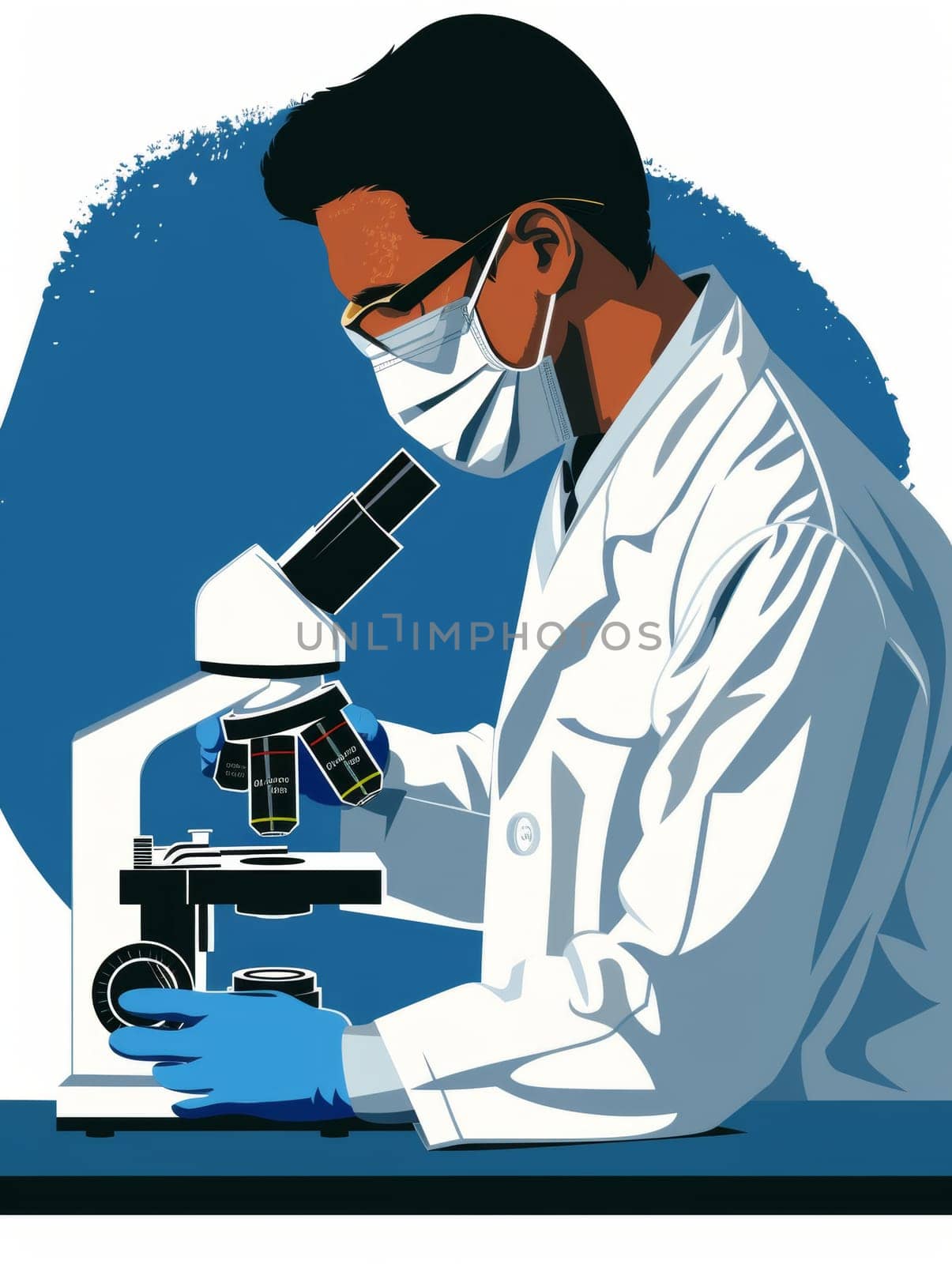 Stylized illustration of a scientist analyzing samples with a microscope. by sfinks