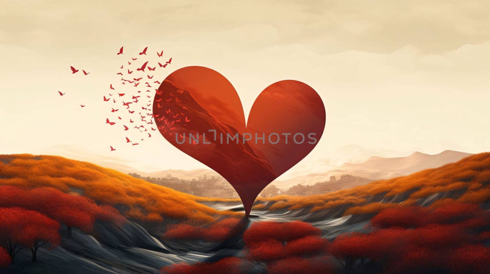 A big red heart all around. Green nature in autumn birds flying away. Heart as a symbol of affection and love. The time of falling in love and love.