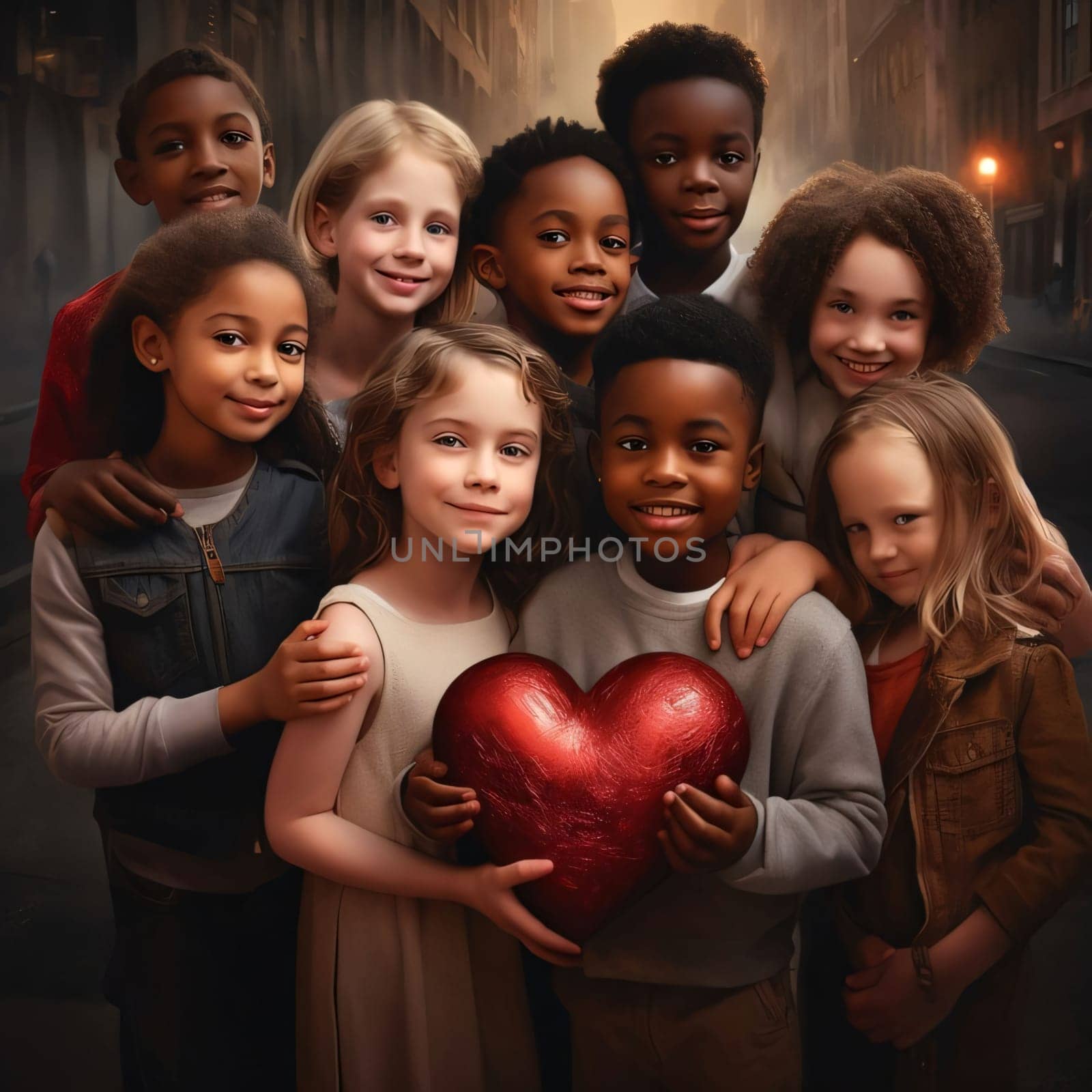 Children of different skin colors holding a red heart together. Heart as a symbol of affection and love. The time of falling in love and love.