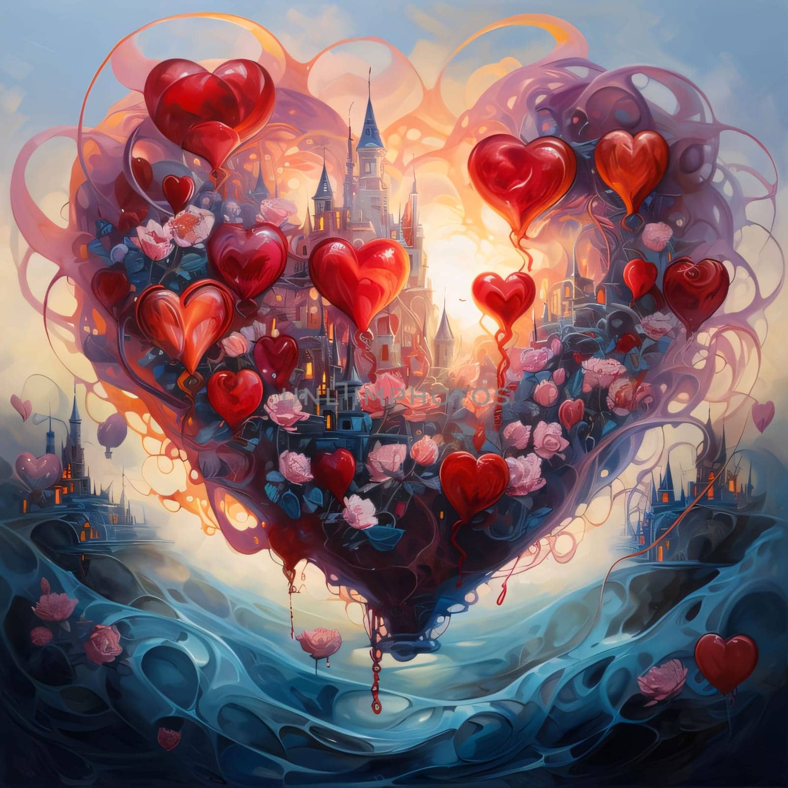 Abstract illustration of a heart made of roses and red balloons. Heart as a symbol of affection and love. The time of falling in love and love.
