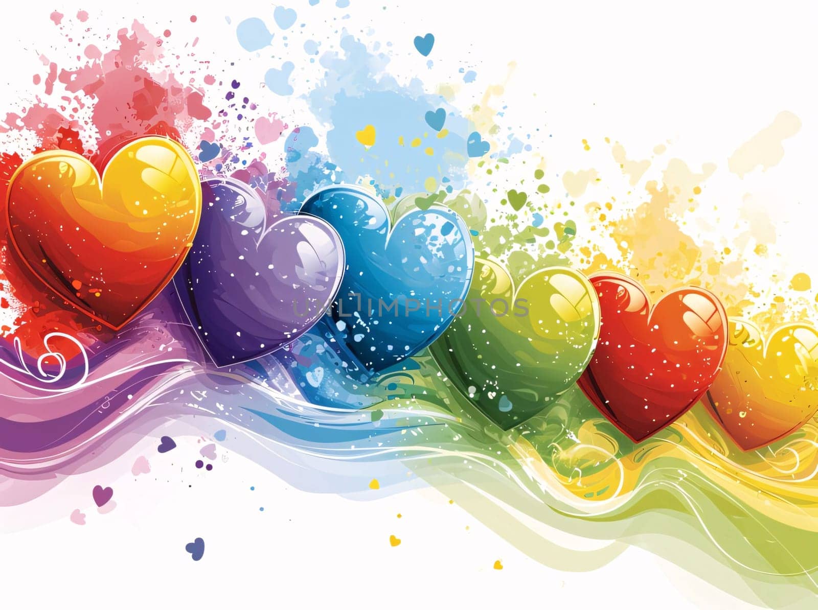 Colorful hearts on a colorful rainbow wave white background. Heart as a symbol of affection and love. by ThemesS