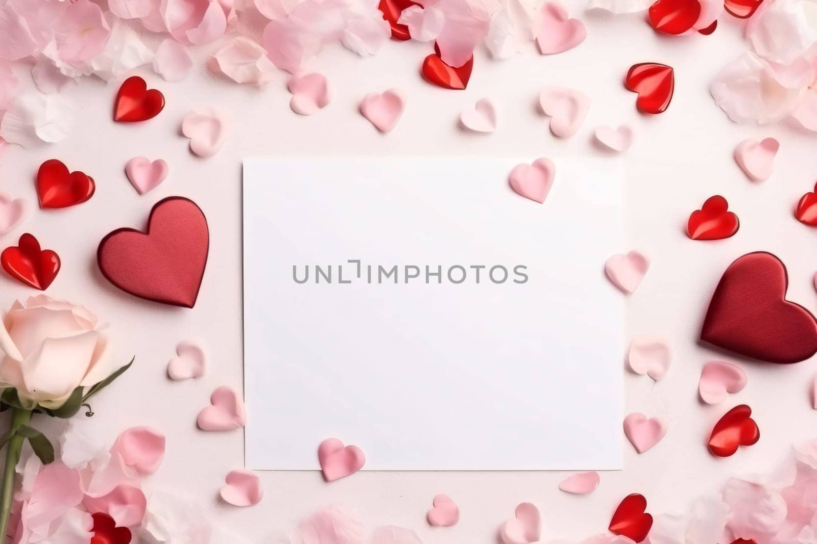 White blank card around tiny red and pink hearts decorations, a rose. Heart as a symbol of affection and love. The time of falling in love and love.