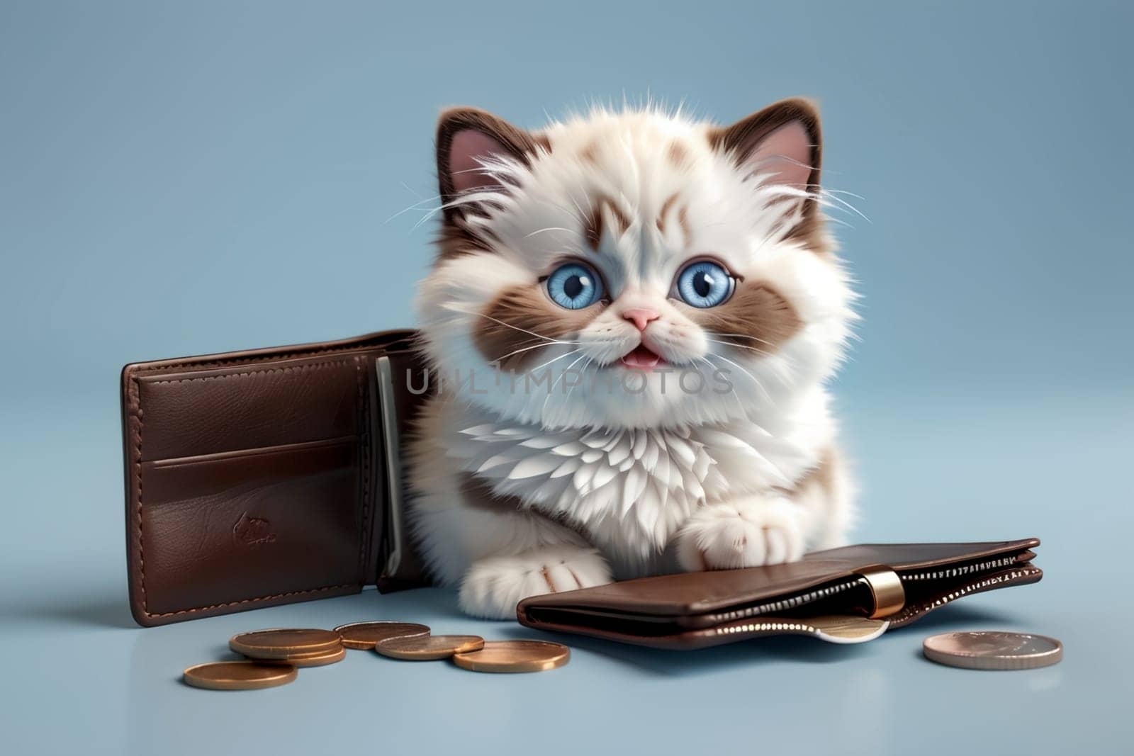 cute Ragdoll kitten with wallet and coins, isolated on blue background .