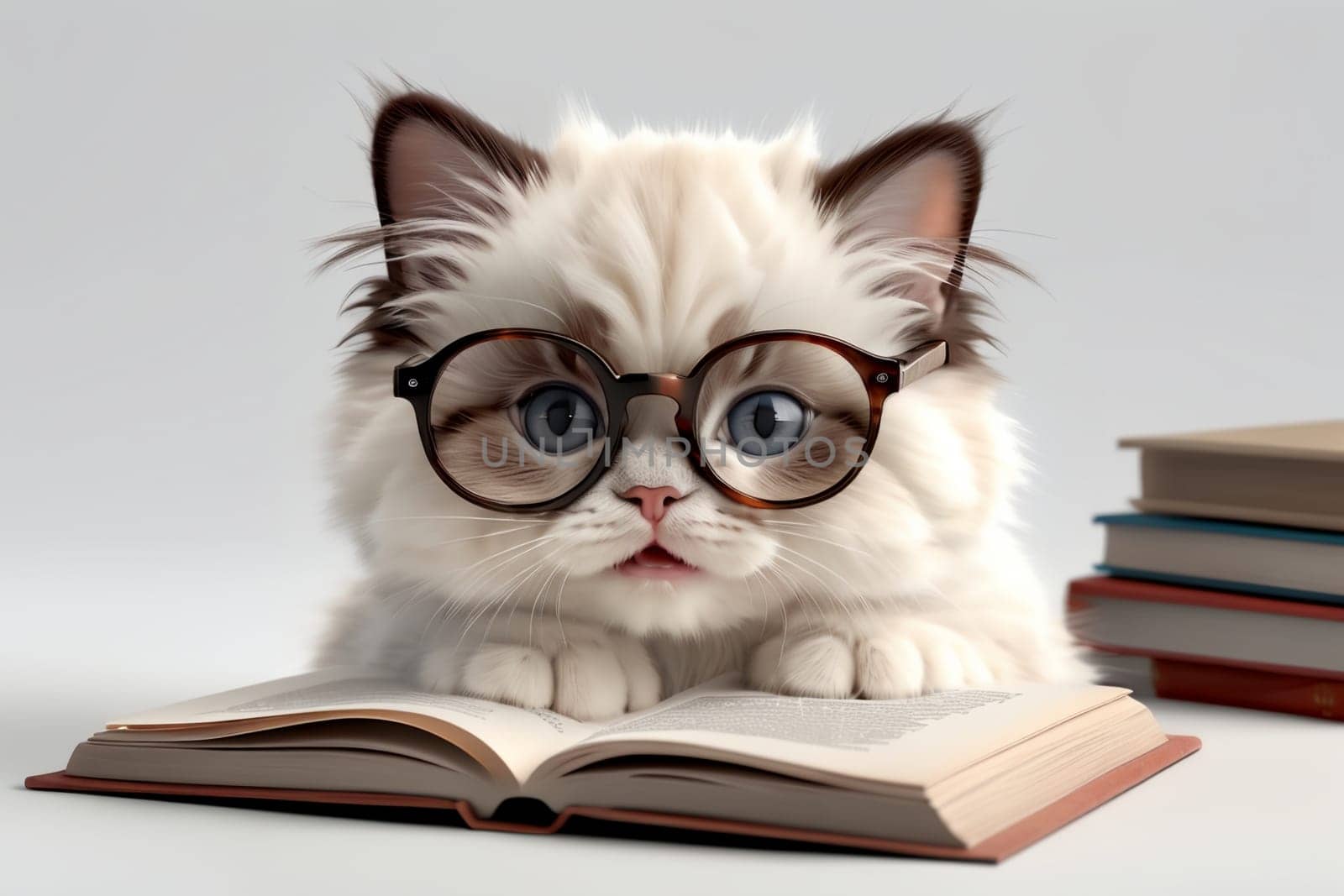 cute smart kitten wearing glasses reading a book, isolated on a white background by Rawlik