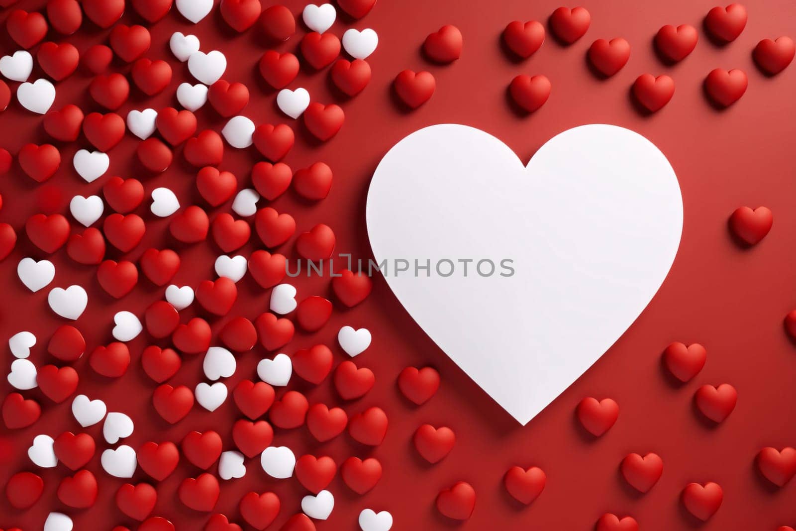 Large white heart around scattered, small red white hearts, red background.Valentine's Day banner with space for your own content. White background color. Blank field for the inscription. Heart as a symbol of affection and love.