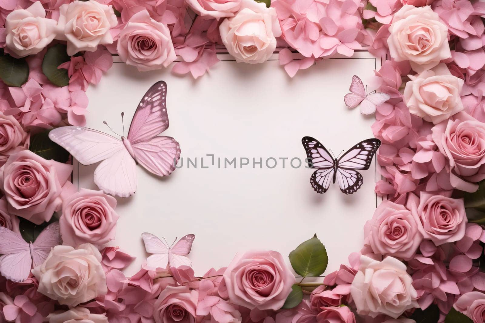 White blank card decorated with pink and white butterfly roses.Valentine's Day banner with space for your own content. White background color. Blank field for the inscription. Heart as a symbol of affection and love.