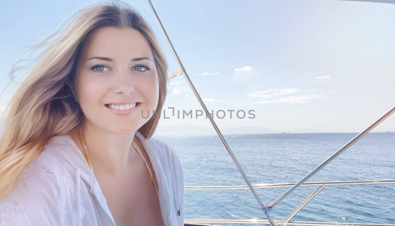Woman enjoying the sea on a yacht boat, beach lifestyle in summertime, holiday yachting travel and summer leisure by Anneleven