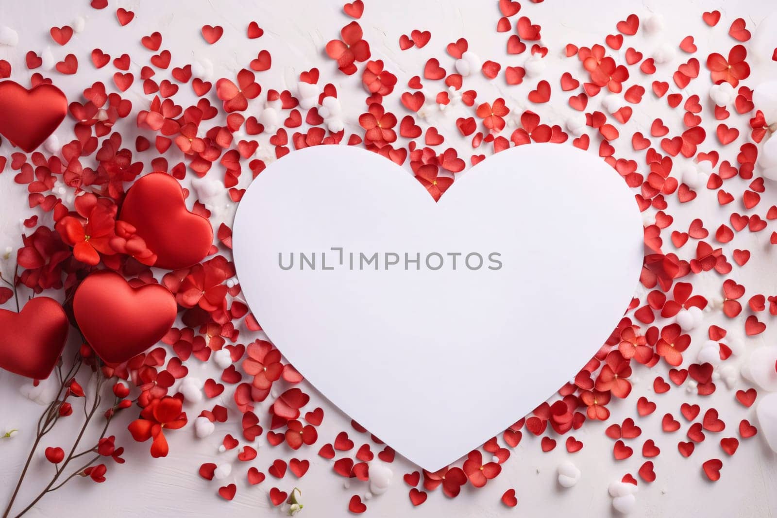 Big white heart around tiny scattered red confetti hearts.Valentine's Day banner with space for your own content. White background color. Blank field for the inscription. by ThemesS