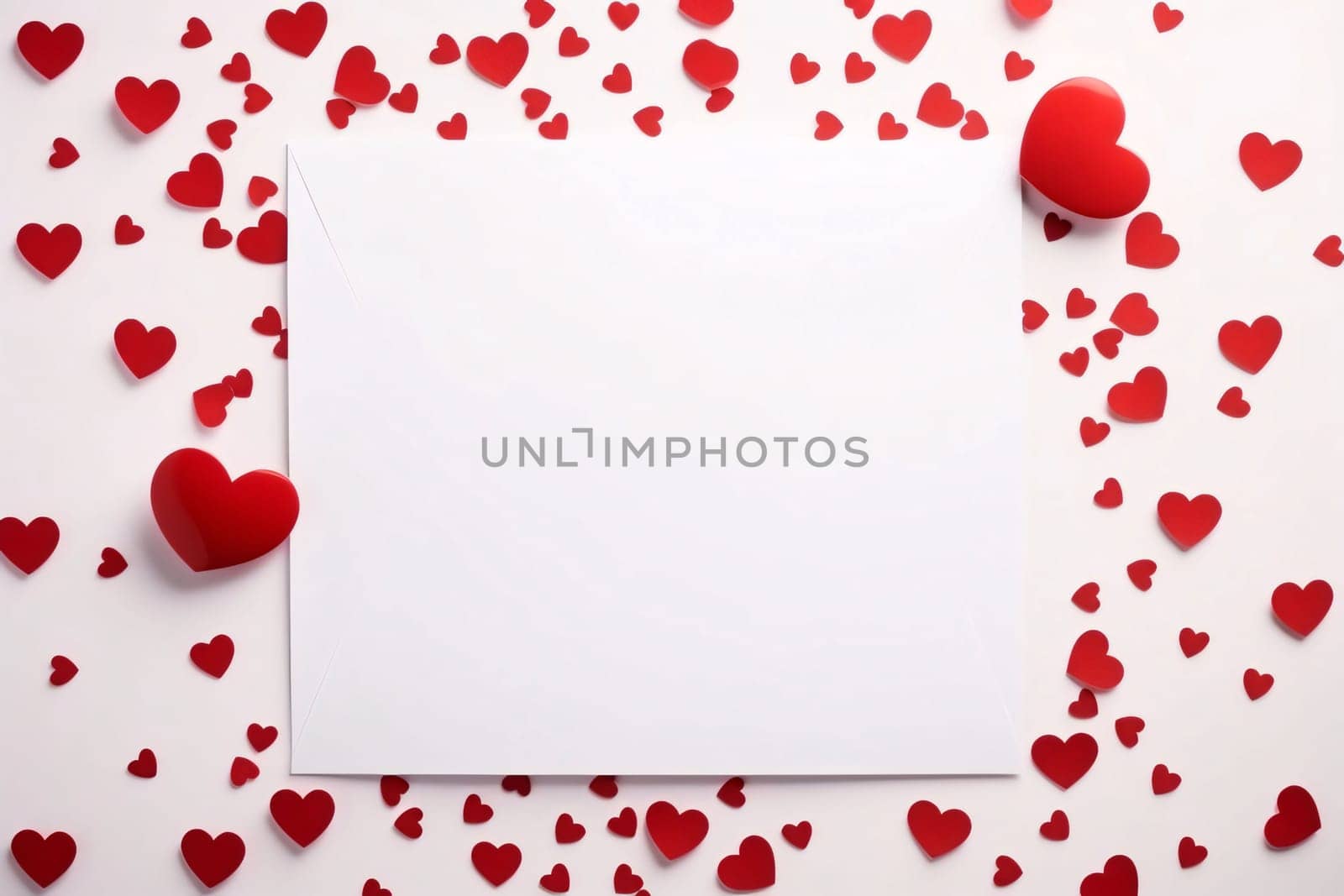 White blank card around scattered red heart.Valentine's Day banner with space for your own content. White background color. Blank field for the inscription. by ThemesS