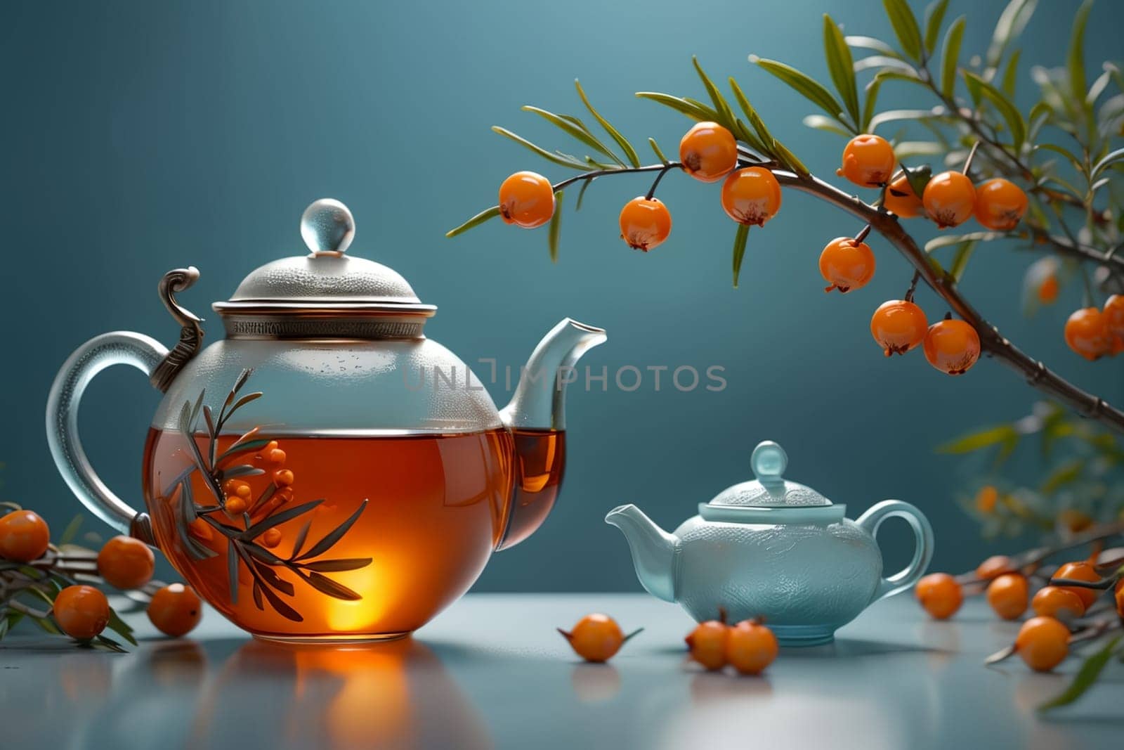 sea buckthorn tea in a glass teapot isolated on a blue background .