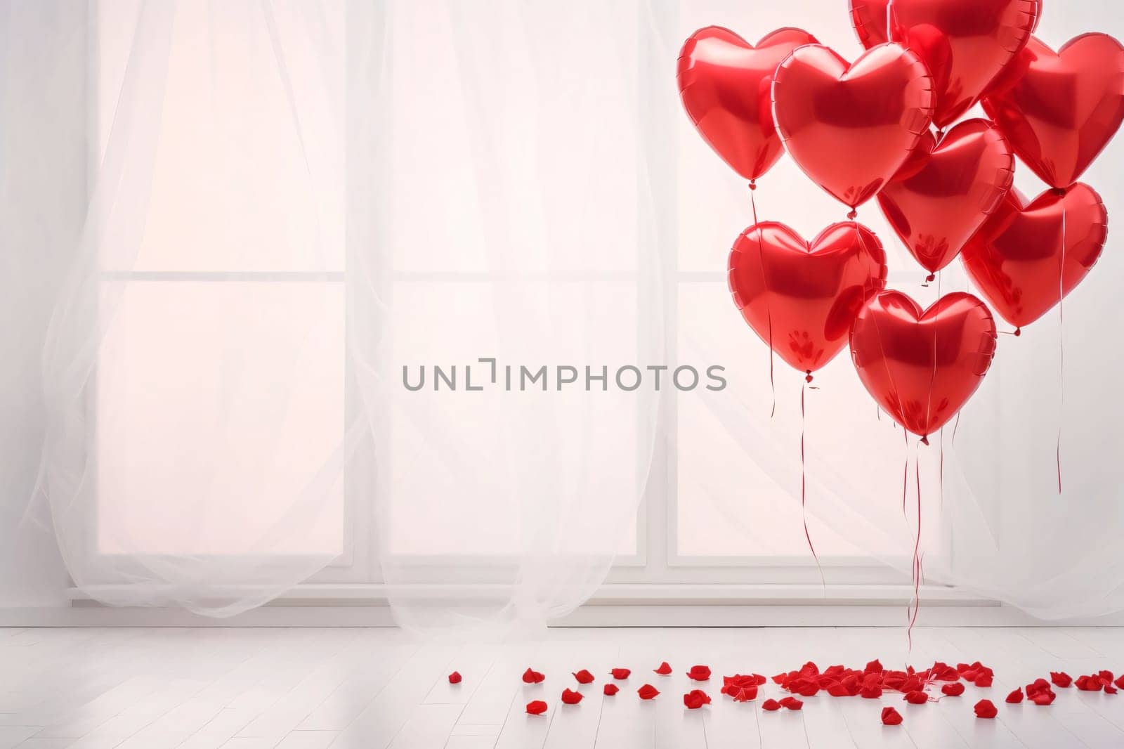 Red balloons in the shape of hearts around scattered rose petals transparent curtain in the background.Valentine's Day banner with space for your own content. White background color. Blank field for the inscription. Heart as a symbol of affection and love.