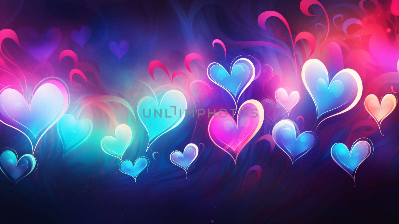 Colorful glowing hearts on a dark background.Valentine's Day banner with space for your own content. White background color. Blank field for the inscription. by ThemesS