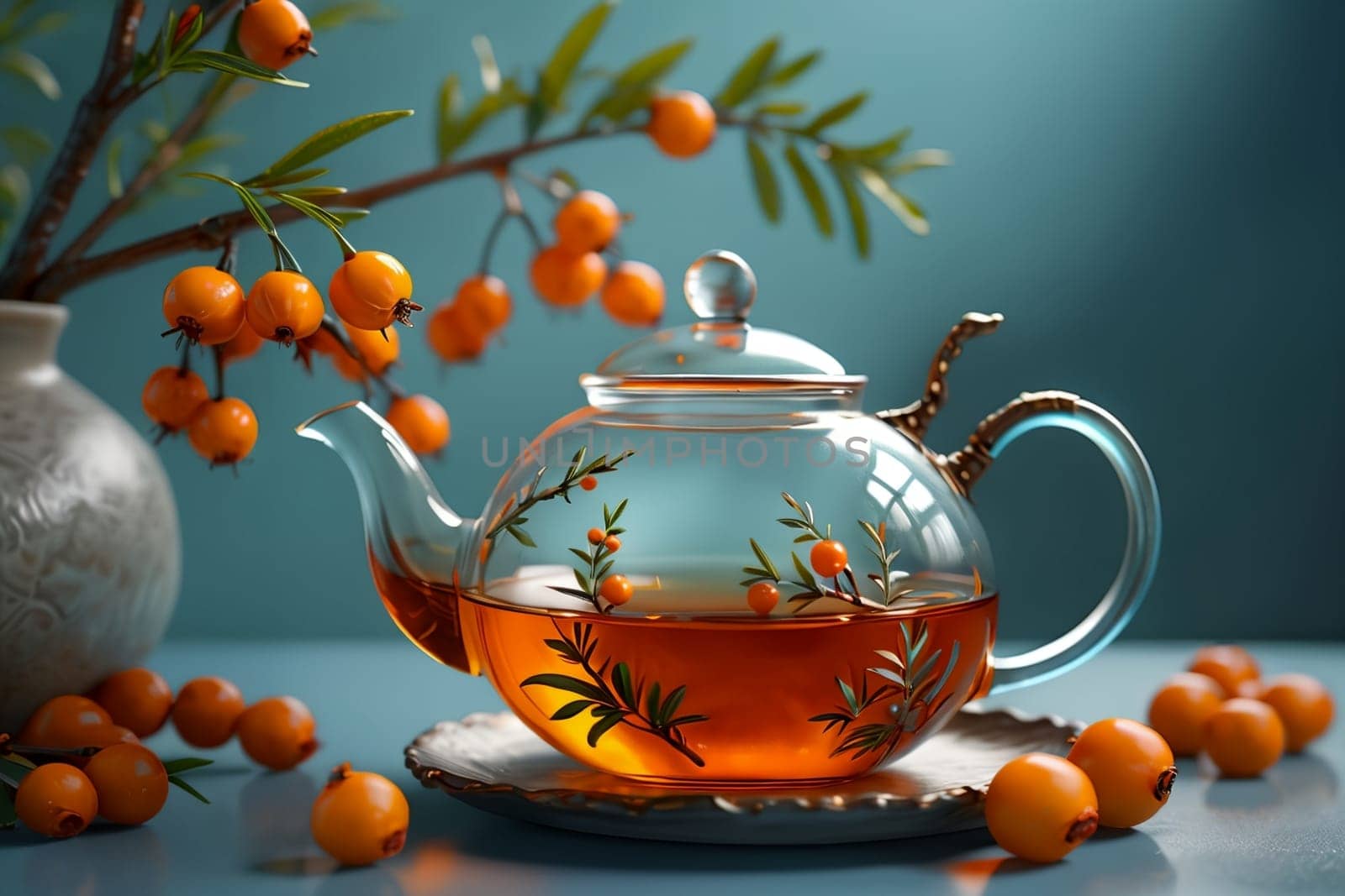 sea buckthorn tea in a glass teapot isolated on a blue background by Rawlik