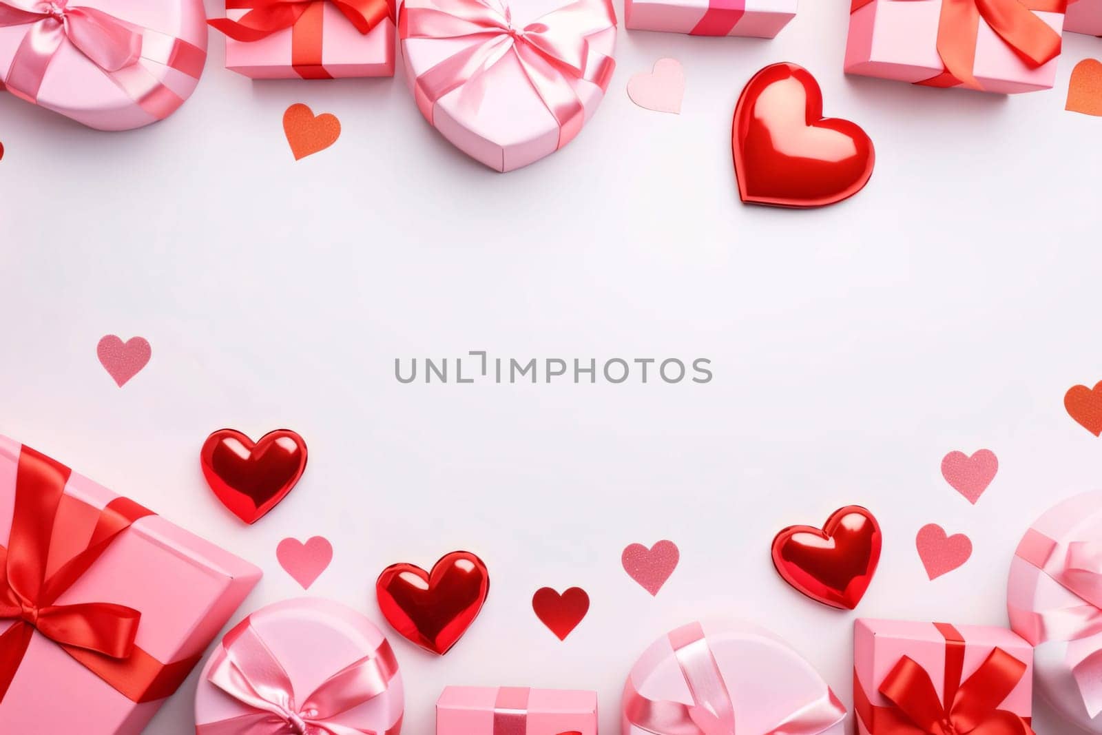 Top view of red hearts and pink and red gifts with ribbons bows.Valentine's Day banner with space for your own content. White background color. Blank field for the inscription. Heart as a symbol of affection and love.