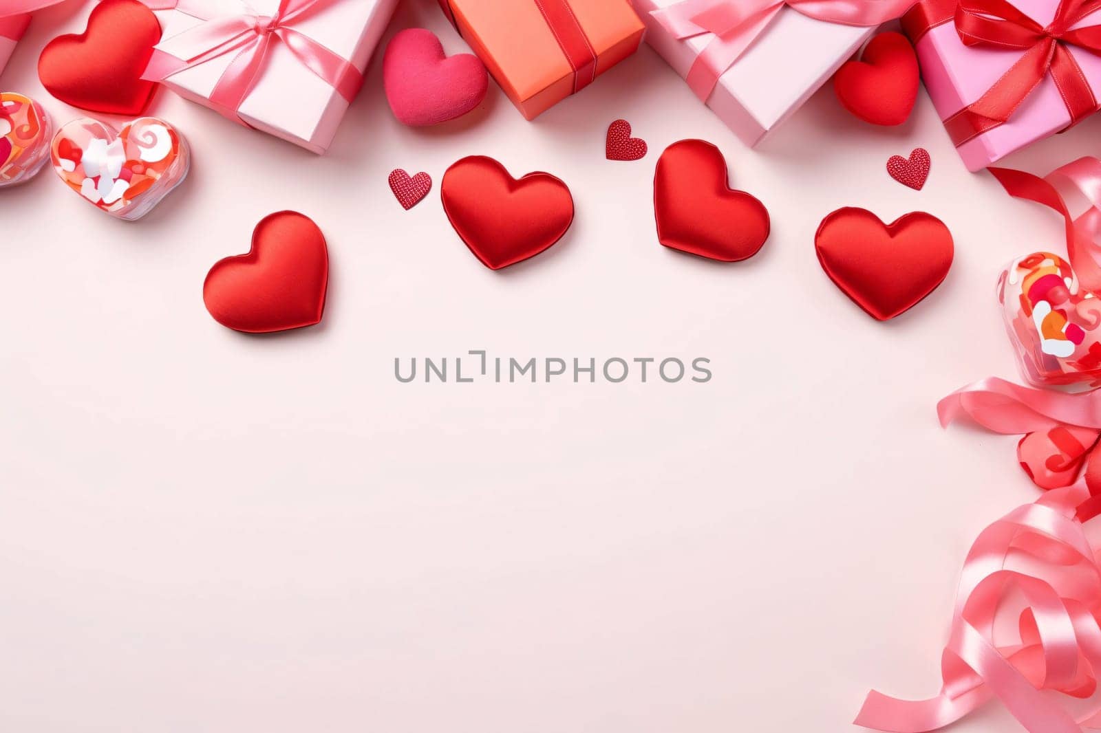 Top view of red hearts and pink and red gifts with ribbons bows.Valentine's Day banner with space for your own content. White background color. Blank field for the inscription. by ThemesS