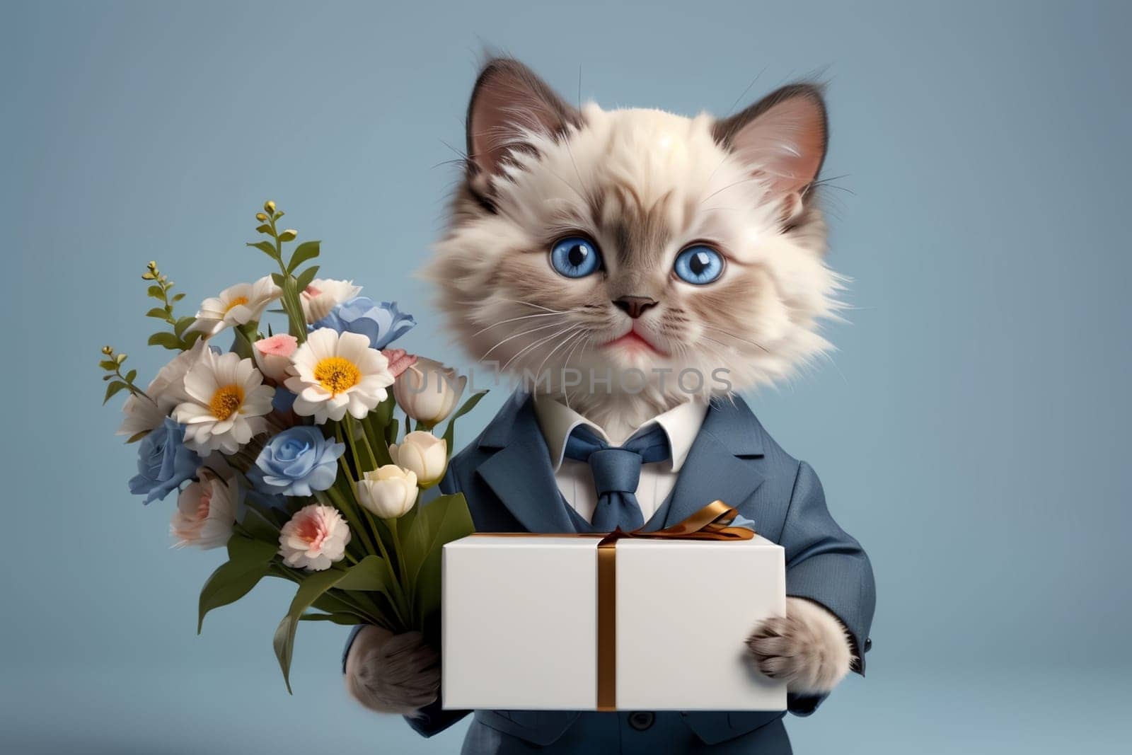 cat in a suit with a gift and flowers .