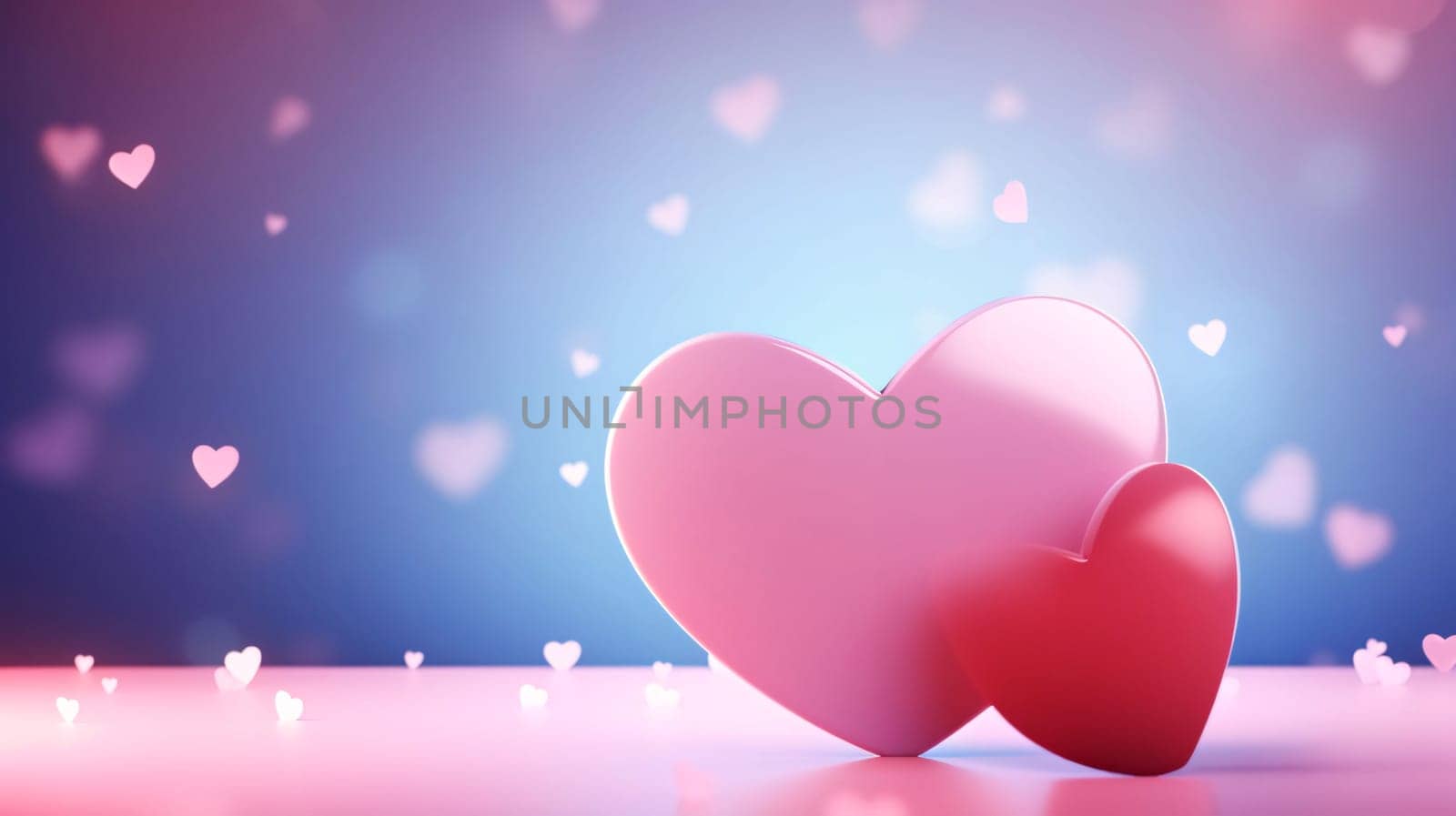 Pink and Red heart on blue background of small hearts.Valentine's Day banner with space for your own content. White background color. Blank field for the inscription. by ThemesS