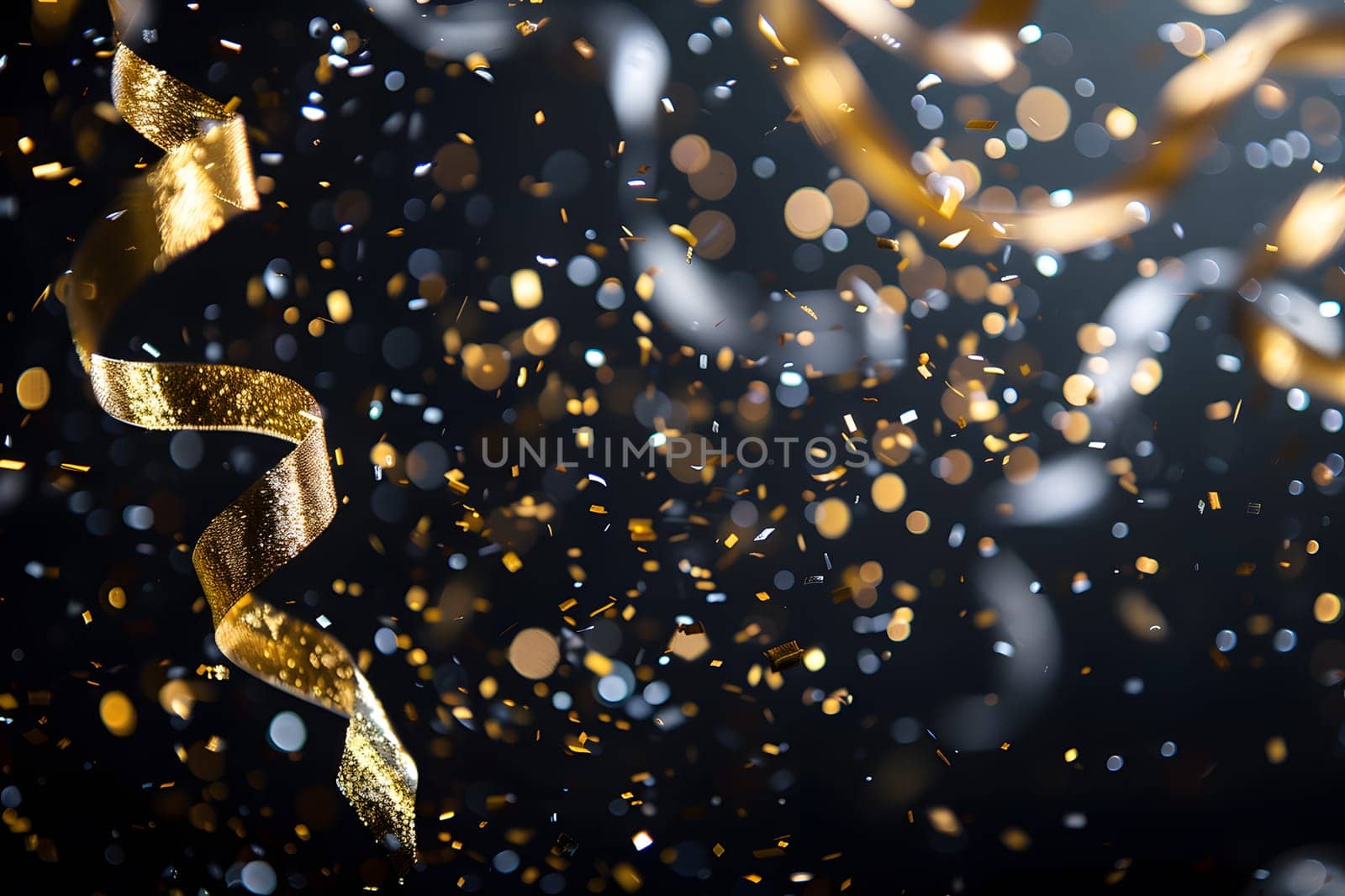 Macro photography of gold ribbon and confetti on black background by Nadtochiy