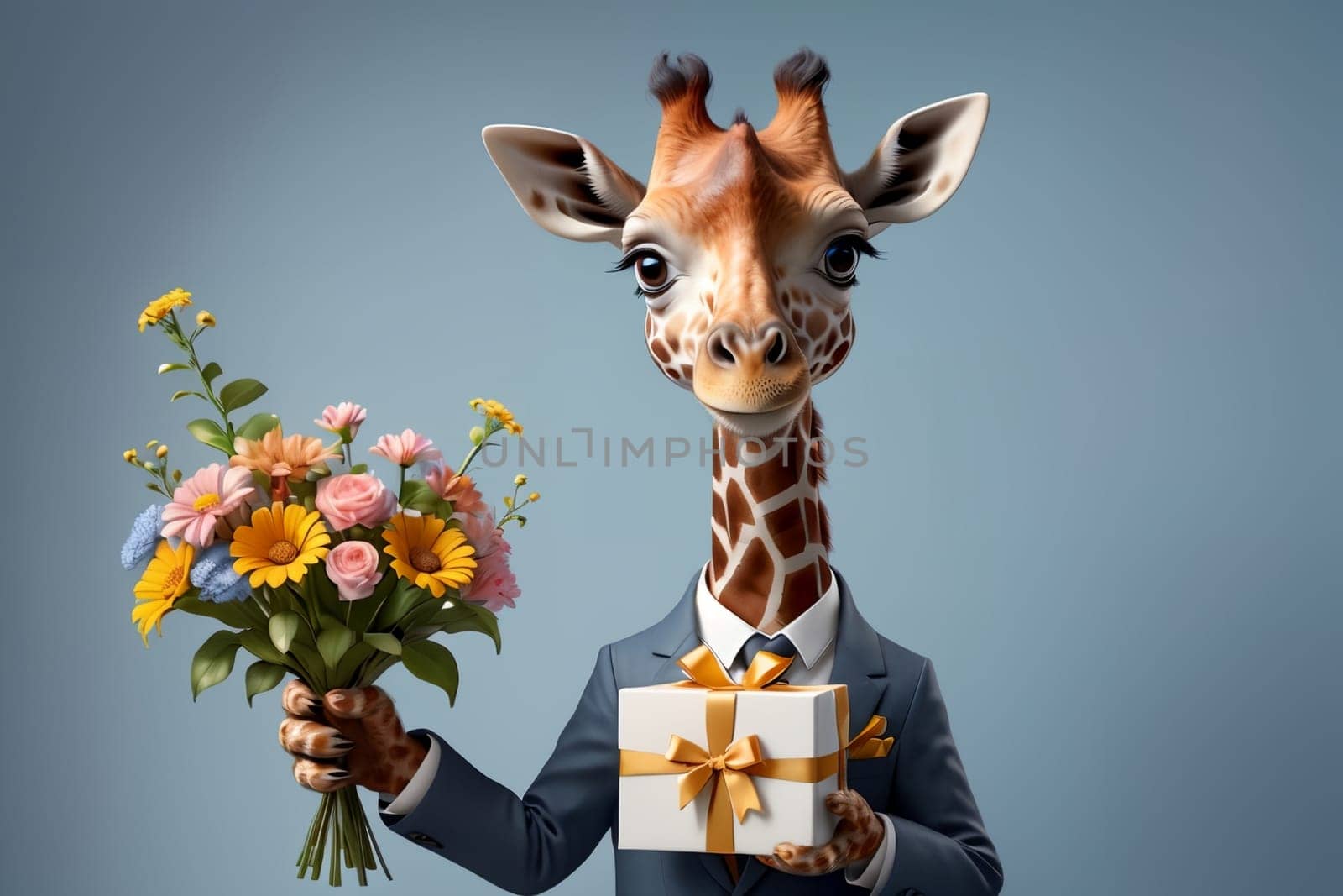 happy giraffe in a suit with a gift and flowers by Rawlik