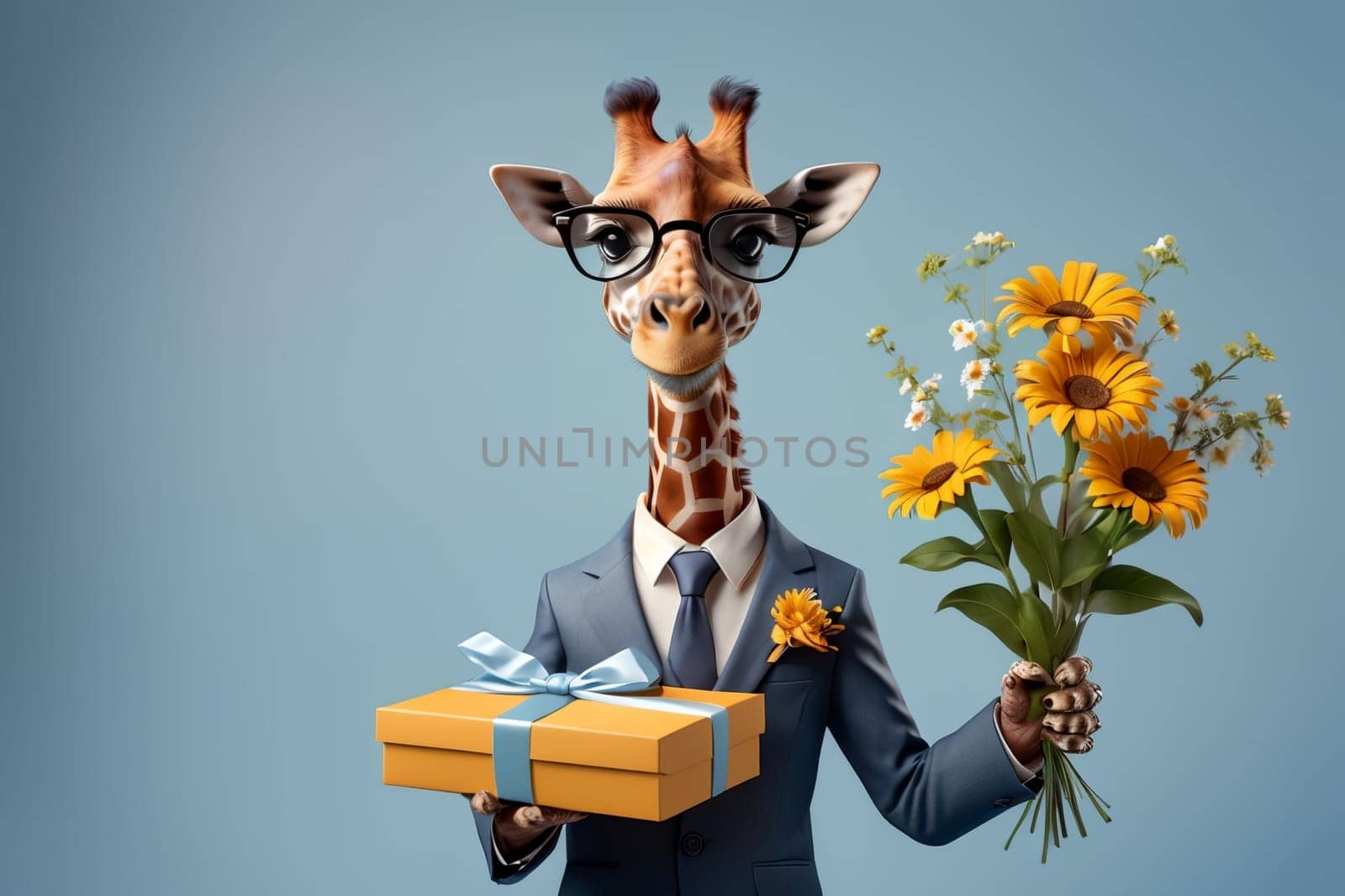 happy giraffe in a suit with a gift and flowers .