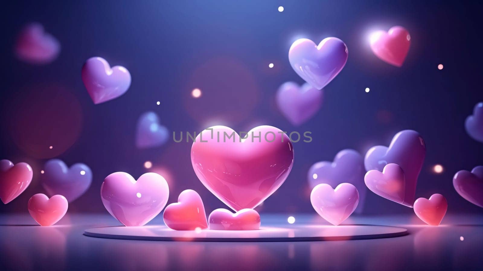 Pink and purple hearts with glitter on a dark background, illuminated.Valentine's Day banner with space for your own content. White background color. Blank field for the inscription. Heart as a symbol of affection and love.