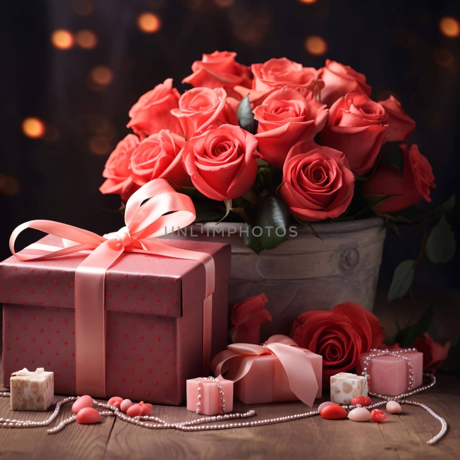 Red roses and a box, a gift with a pink bow on a wooden table. Heart as a symbol of affection and love. The time of falling in love and love.