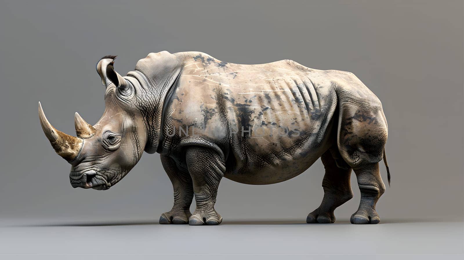 A 3D model depicting a terrestrial animal known as a rhinoceros standing on a gray surface, showcasing its natural material horn and distinct snout. The art captures the essence of wildlife